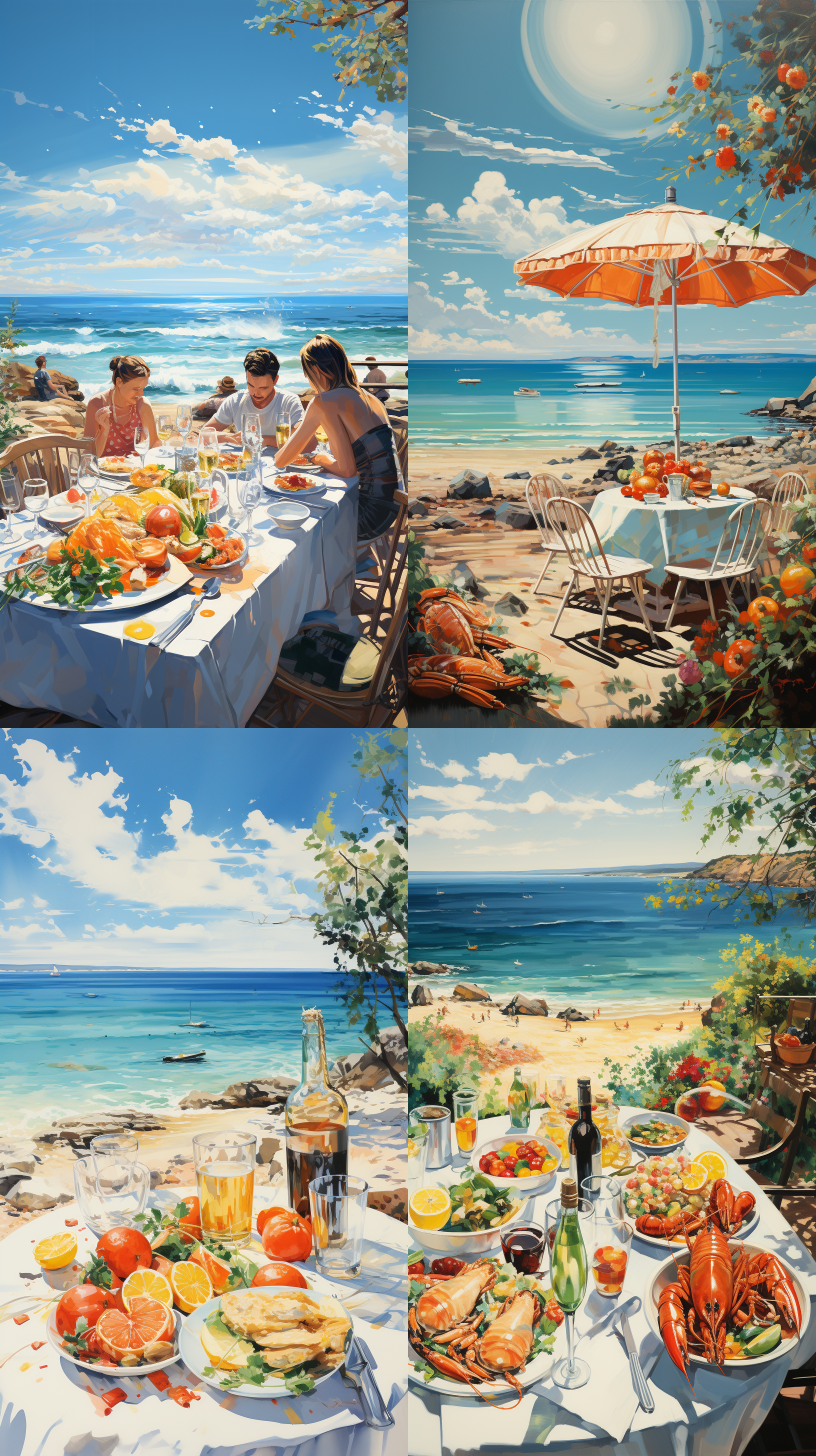 彩色遮阳伞下，圆桌 ，洁白的台布。相对而坐的情旅， 啤酒杯里泡沫丰富，色泽诱人的海鲜拼盘，沙滩 大海