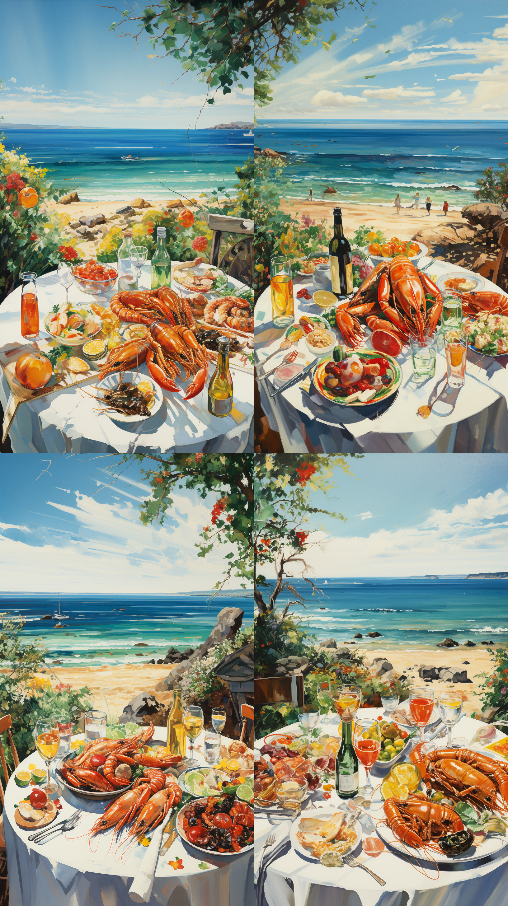 彩色遮阳伞下，圆桌 ，洁白的台布。相对而坐的情旅， 啤酒杯里泡沫丰富，色泽诱人的海鲜拼盘，沙滩 大海