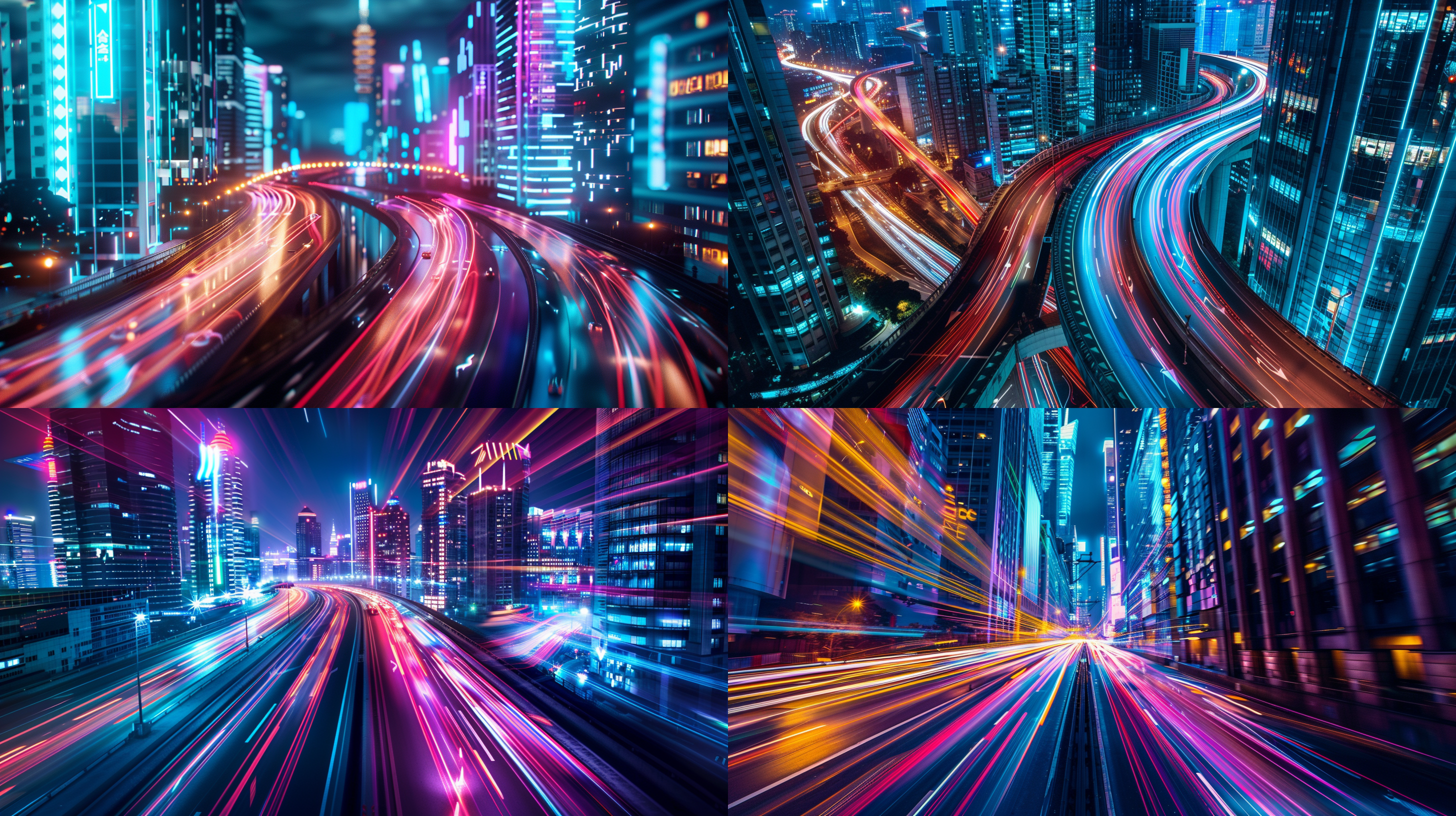 科技背景，未来都市，霓虹灯光，冷色调，长曝光，夜景，高楼大厦，无人机，悬浮车辆，广角镜头，科技感，动态模糊，未来感，创新。