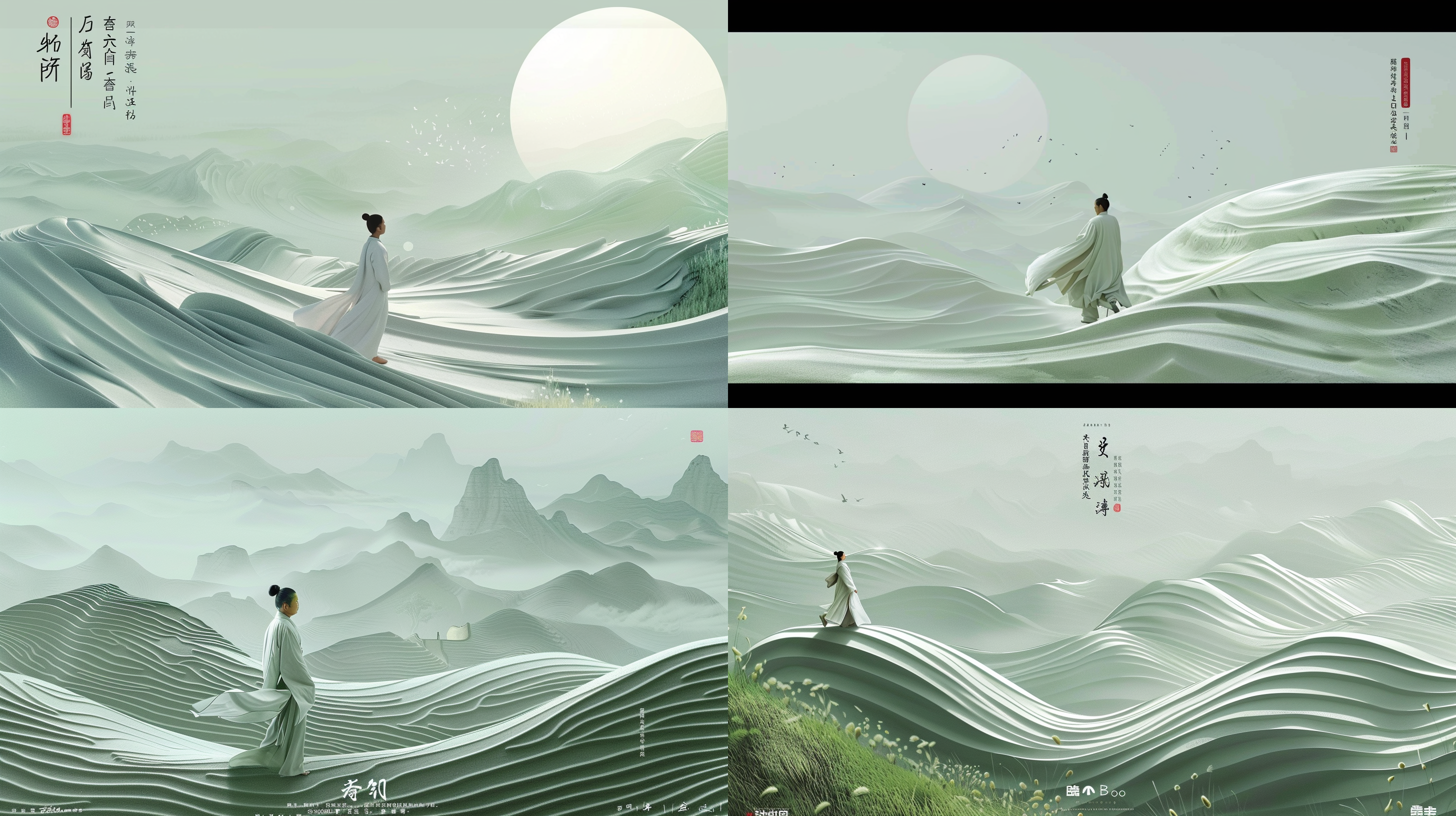 干净背景，大面积留白，沙质中式圆盘，气势磅礴，汉服行走，宋代工笔山水画，cinema4d渲染，有机流动形式，浅绿白色，地中海景观，波浪形树脂片材，柔和光线，长曝光，动态模糊。