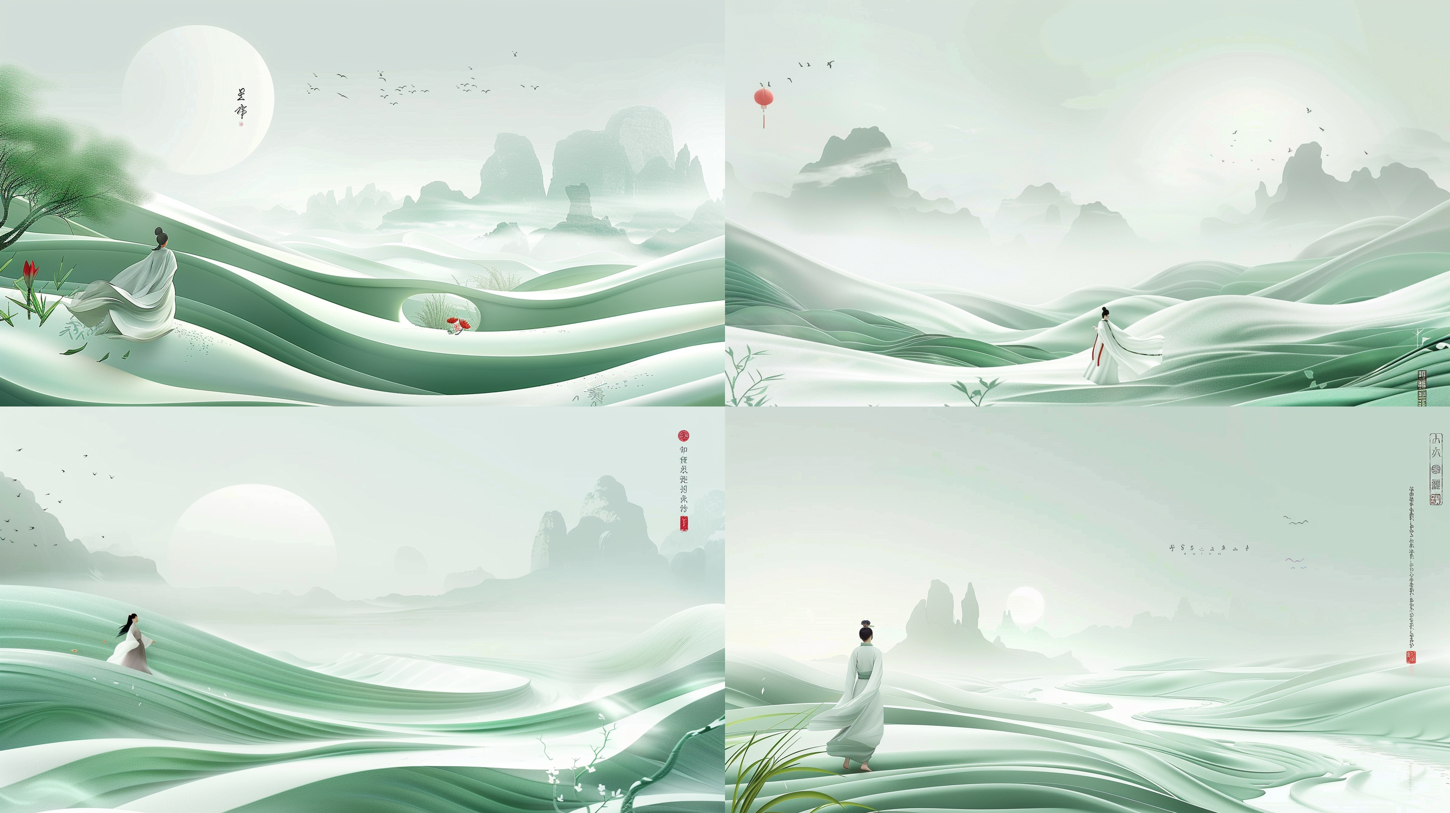 干净背景，大面积留白，沙质中式圆盘，汉服行走，宋代工笔山水画，cinema4d渲染，有机流动形式，浅绿色白色，地中海景观，波浪形树脂片材，柔和光线，低饱和度，静谧氛围。