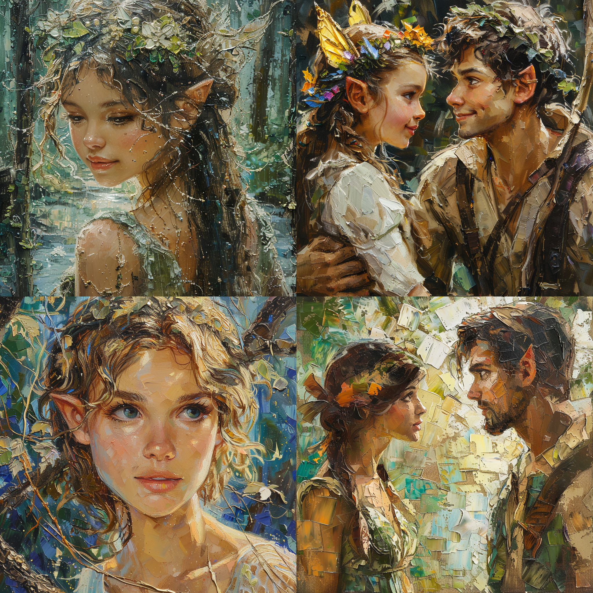 罗马神话中的仙女与精灵，油画，仙女表情活泼，精灵表情神秘，背景是森林与溪流，色彩清新，构图简约而充满生命力，细节， 色彩对比鲜明，构图唯美，艺术欣赏性极高，保罗·塞尚和彼得·埃尔森，汤姆·汉米克风格，最高质量表现