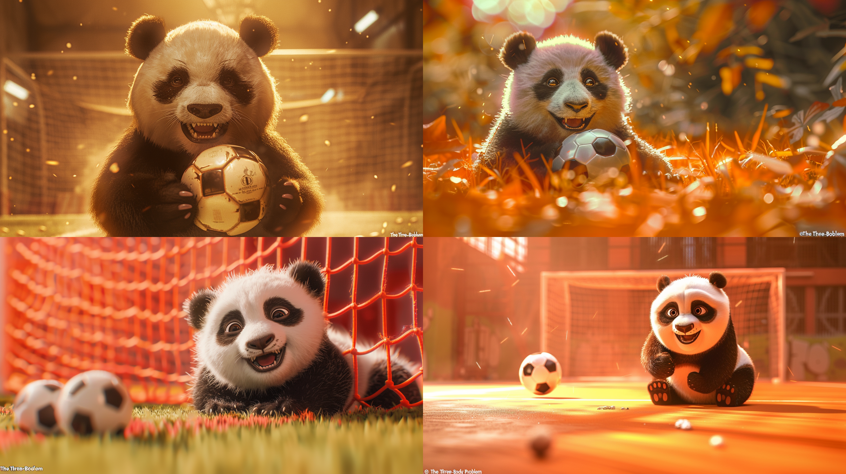 未来科技机械元素的橙色背景，熊猫微笑，肤质细节真实，熊猫在足球场，对称构图，柔和光线，暖色调，长焦镜头，静谧，优雅，细节丰富，传统元素，温馨，三体的元素最高清质量。