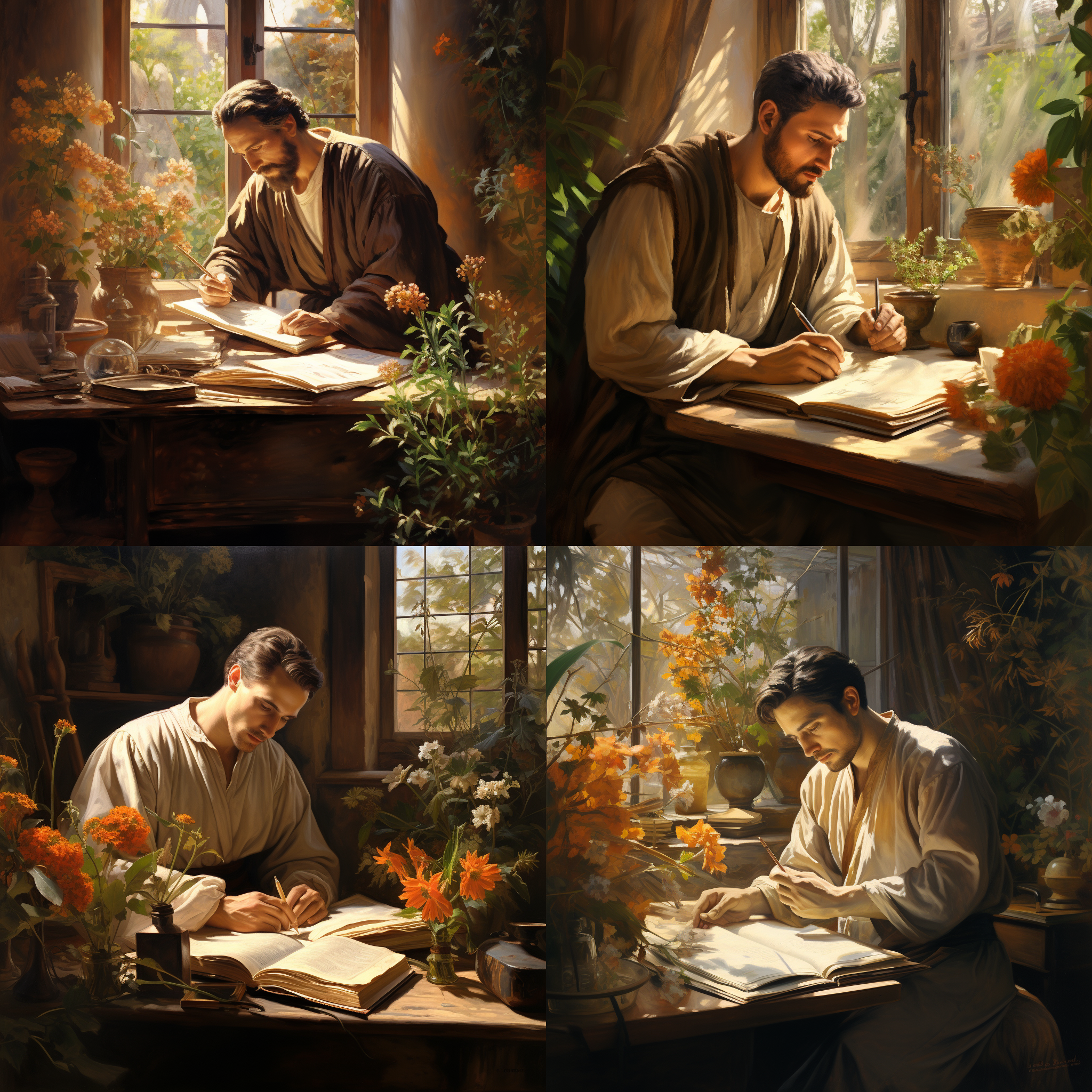 古风文言场景，花草环绕，暖色调，中景构图，自然光，柔和焦点，长袍文人，沉思表情，毛笔书写，古朴书桌，淡雅色彩，静谧氛围。