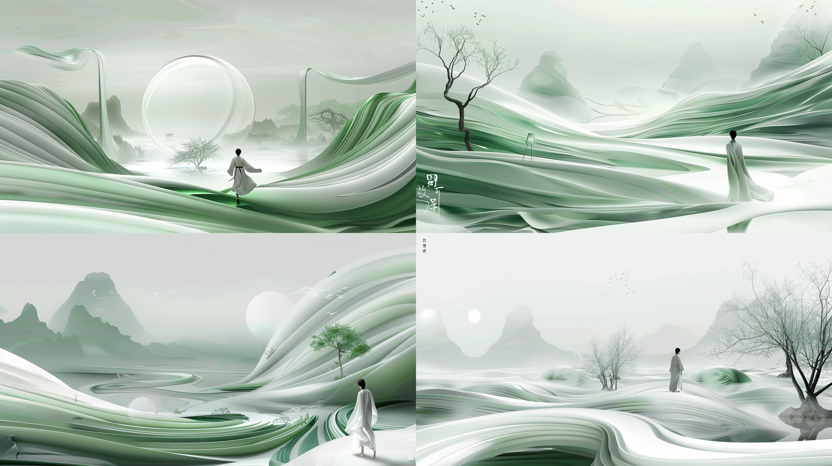 干净背景，大面积留白，沙质中式圆盘，汉服行走，宋代工笔山水画风格，cinema4d渲染，有机流动形式，浅绿白色调，地中海景观，波浪形树脂片材，柔和光线，低饱和度，静谧氛围，气势磅礴。