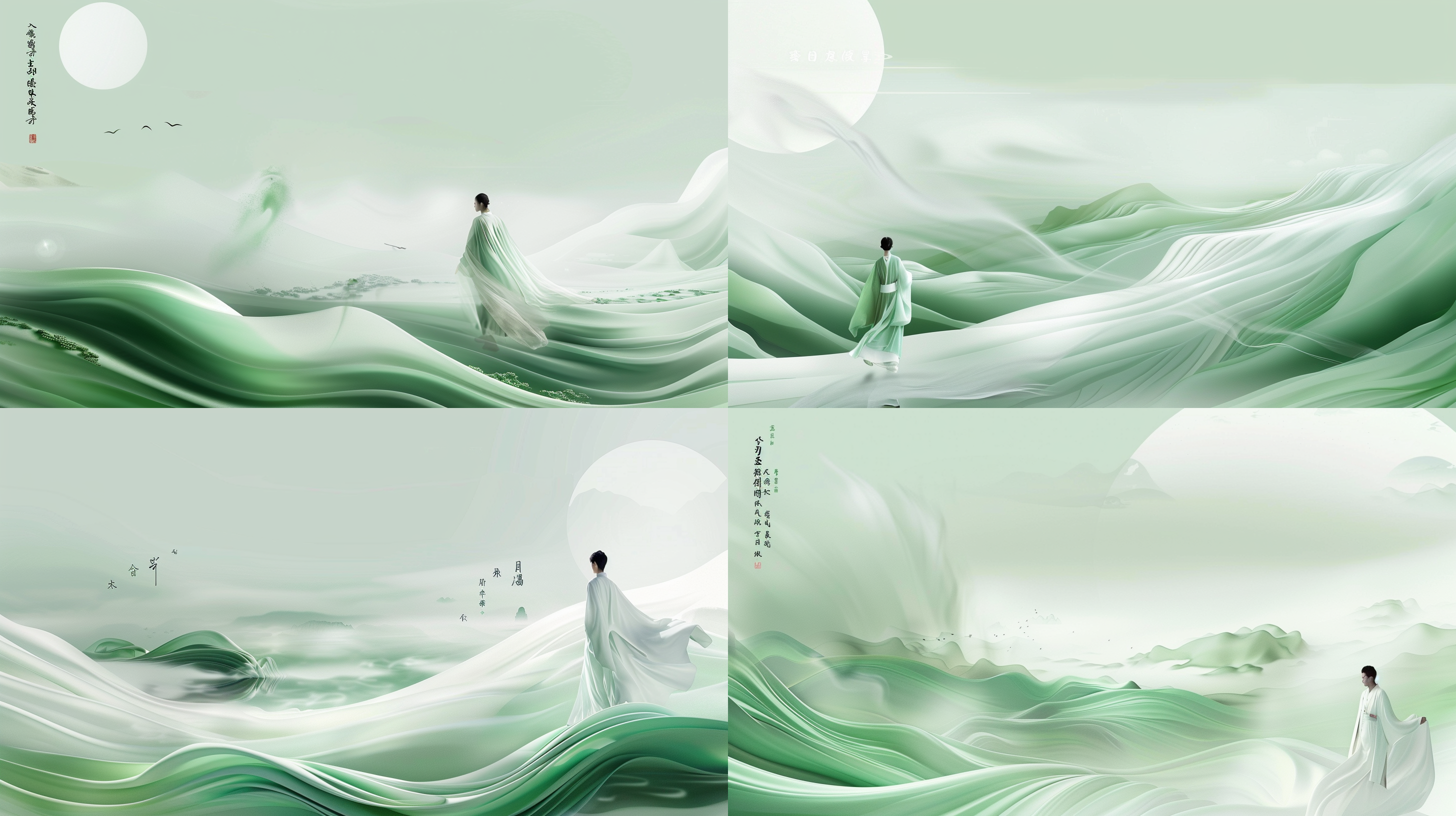 干净背景，大面积留白，沙质中式圆盘，汉服行走，宋代工笔山水画风格，cinema4d渲染，有机流动形式，浅绿白色调，地中海景观，波浪形树脂片材，柔和光线，低饱和度，静谧氛围，气势磅礴。
