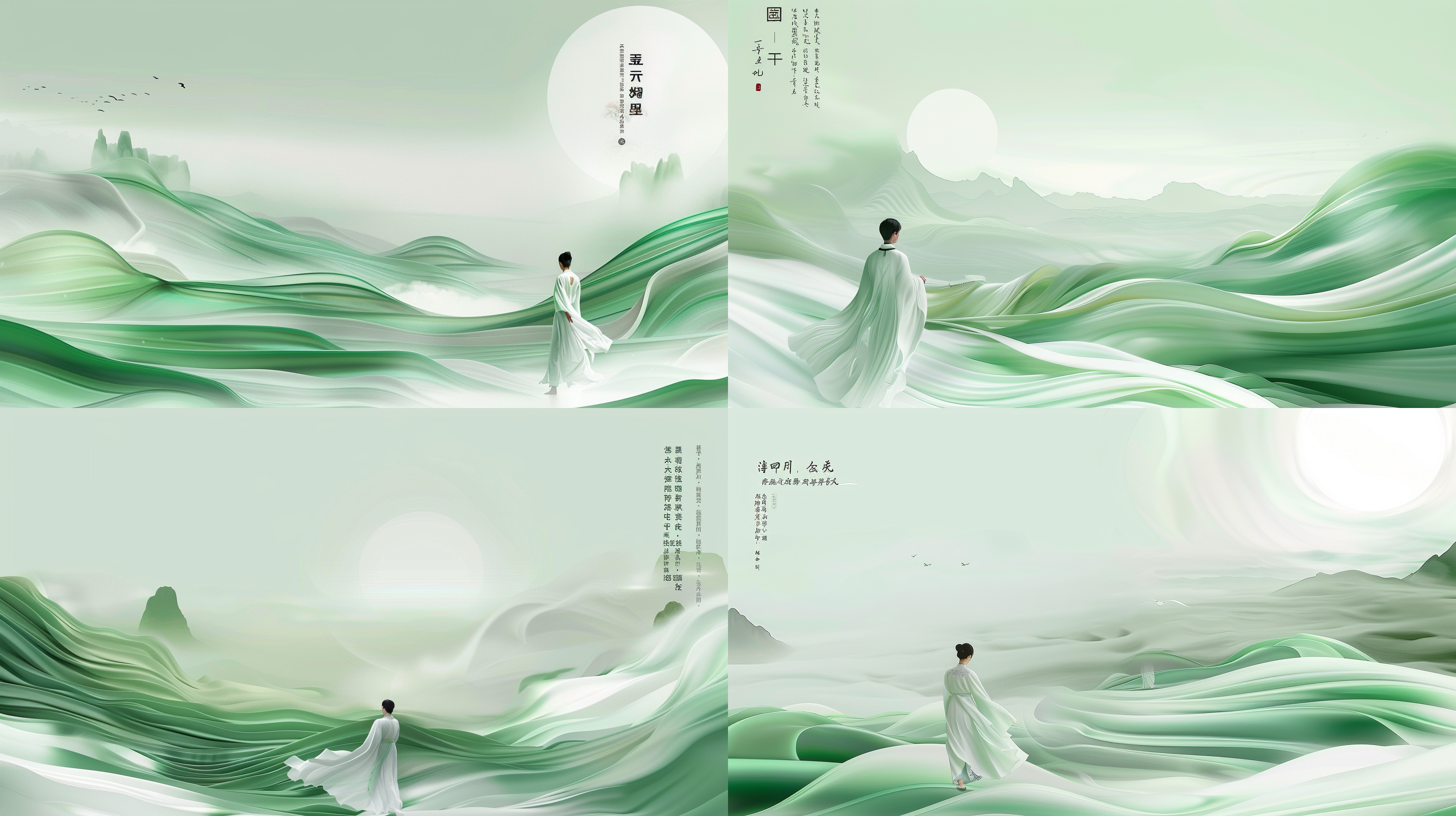 干净背景，大面积留白，沙质中式圆盘，汉服行走，宋代工笔山水画风格，cinema4d渲染，有机流动形式，浅绿白色调，地中海景观，波浪形树脂片材，柔和光线，低饱和度，静谧氛围，气势磅礴。