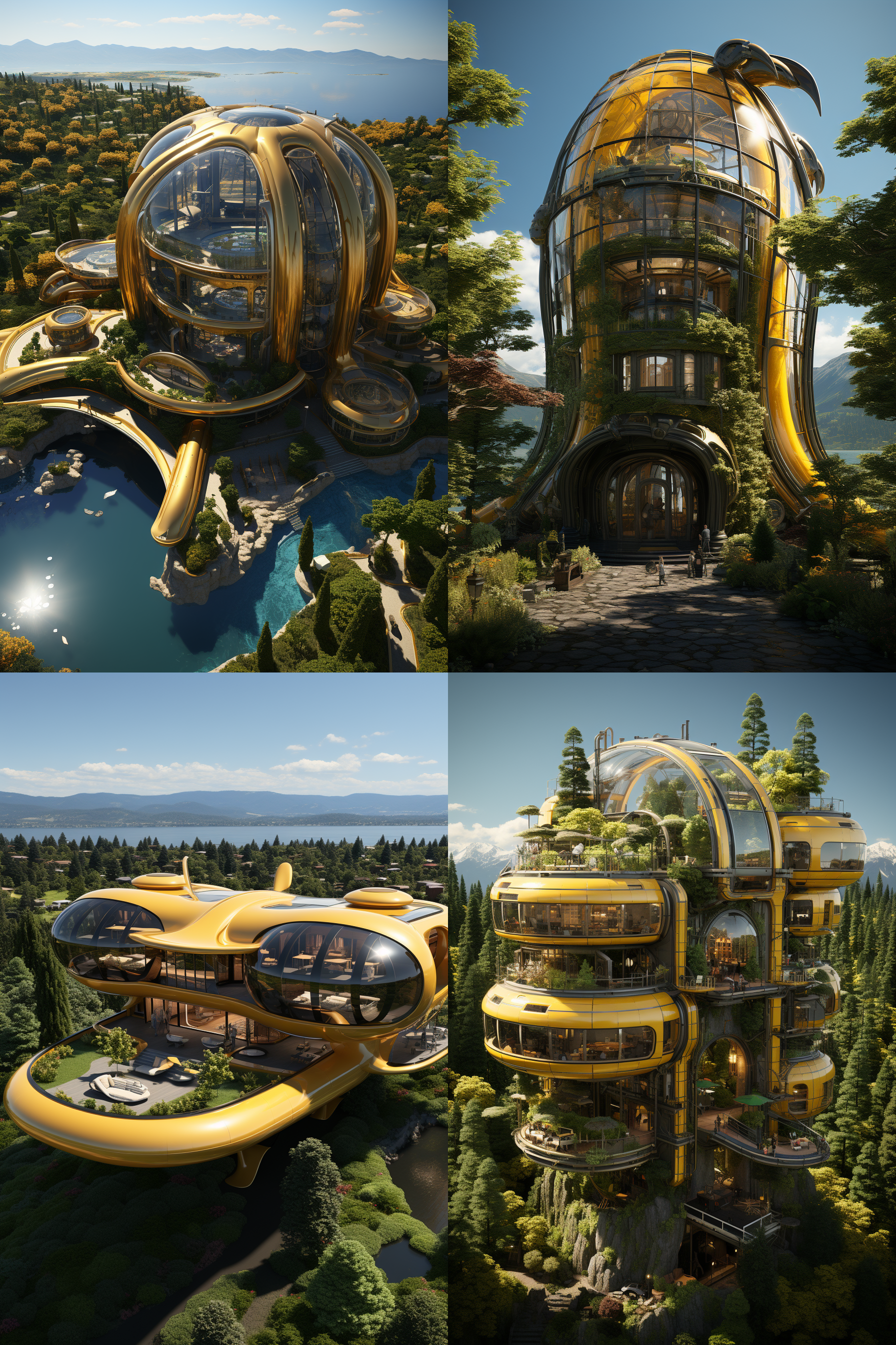 鲸鱼造型生成建筑，无人机低空顶视图，海边三维建筑，3d oc渲染，屋顶文本艺术，树木，金色油菜田，海水，天空，美学风景，美丽和美学，深度现场，广角镜头，高清晰度，自然光照，和谐色彩，宁静氛围。 近未来城市 未来城市 城市