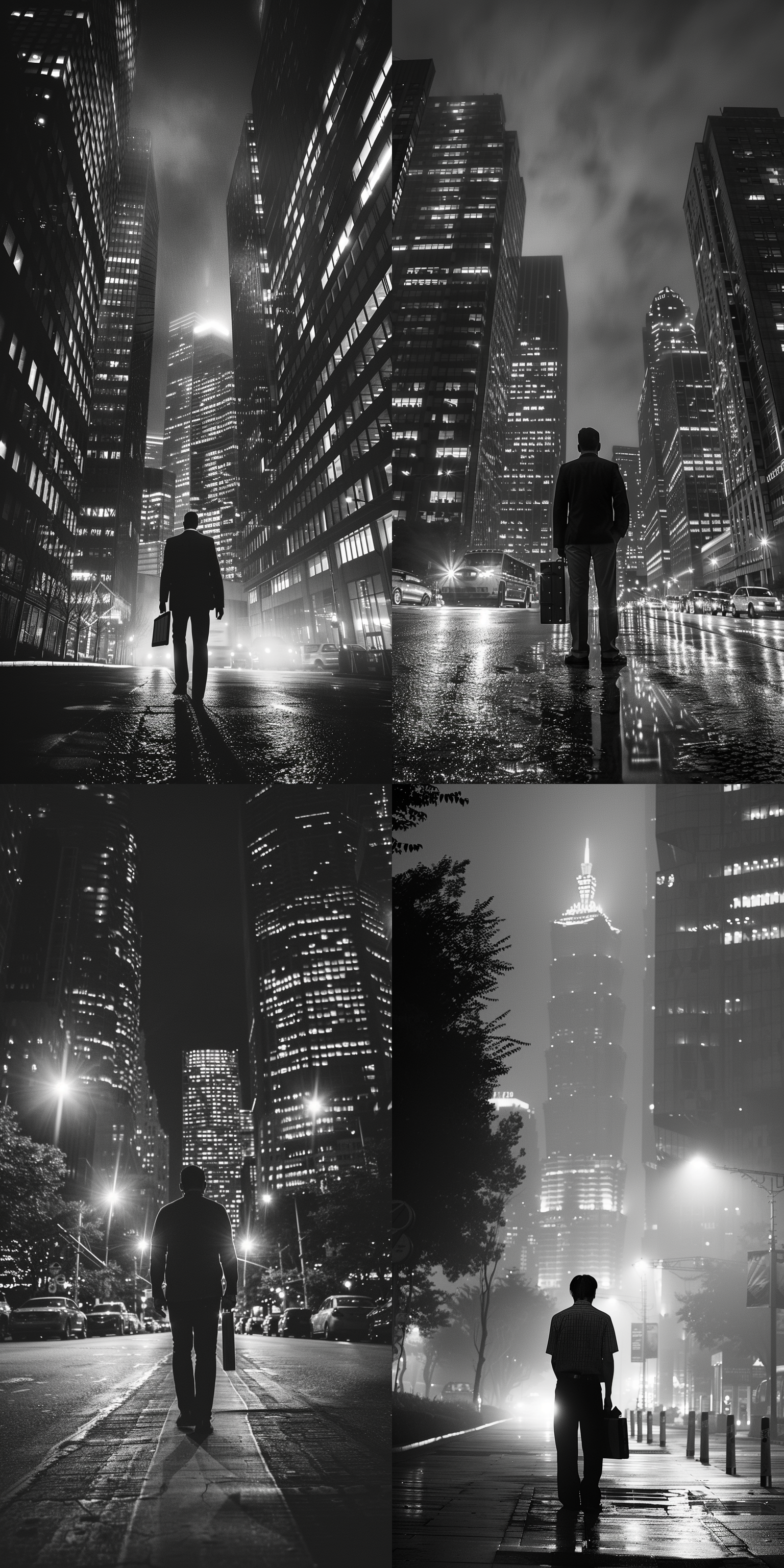 黑白摄影，摩天大楼灯火阑珊，一个男人孤单的背影，身材清瘦，平头短发，衬衣西裤，一只手提着文件袋，路边静静地站着，周围没有行人和车辆，夜色苍凉，心情沉重，长焦镜头，背景光，8k高清