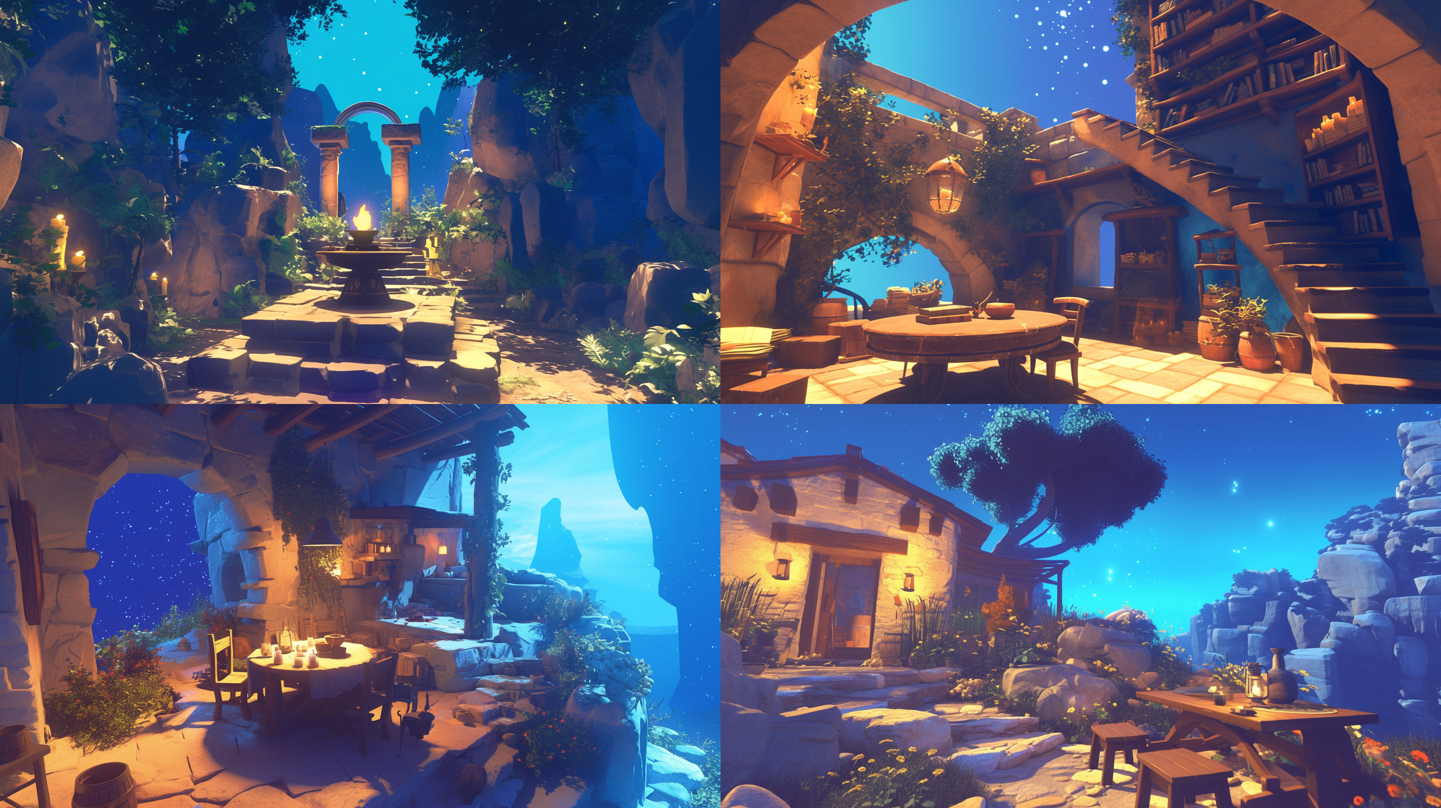 女王蚁深夜石屋，柔和灯光，和谐宁静，桌边微笑，皮克斯动画风格，超写实渲染，高角度拍摄，明亮色彩，迪士尼3d卡通风格，直射阳光，广角镜头，动态捕捉，鲜艳色彩。