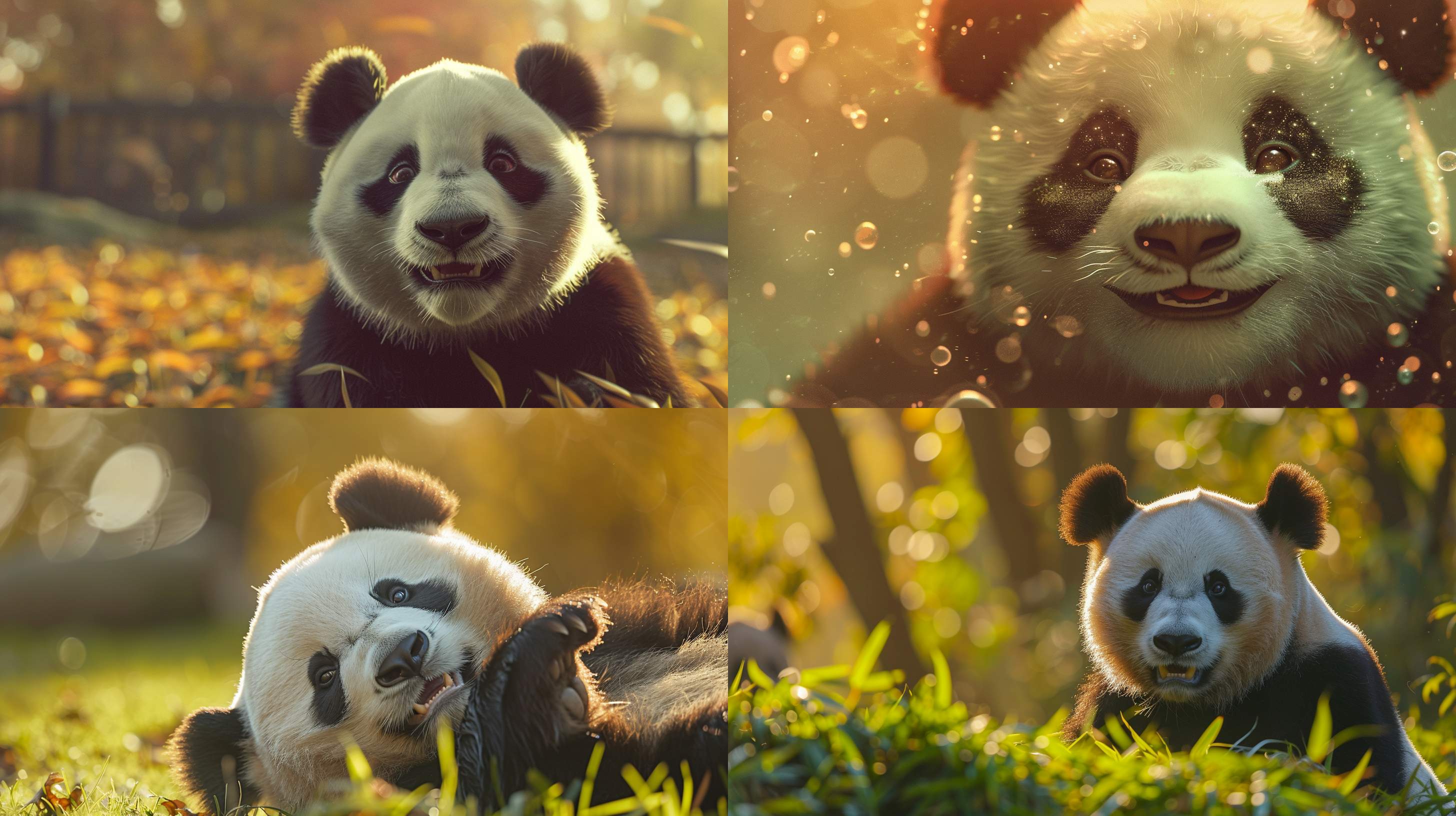 未来科技机械元素的熊猫微笑，肤质细节真实，熊猫在足球场，对称构图，柔和光线，暖色调，长焦镜头，静谧，优雅，细节丰富，传统元素，温馨，三体的元素最高清质量。