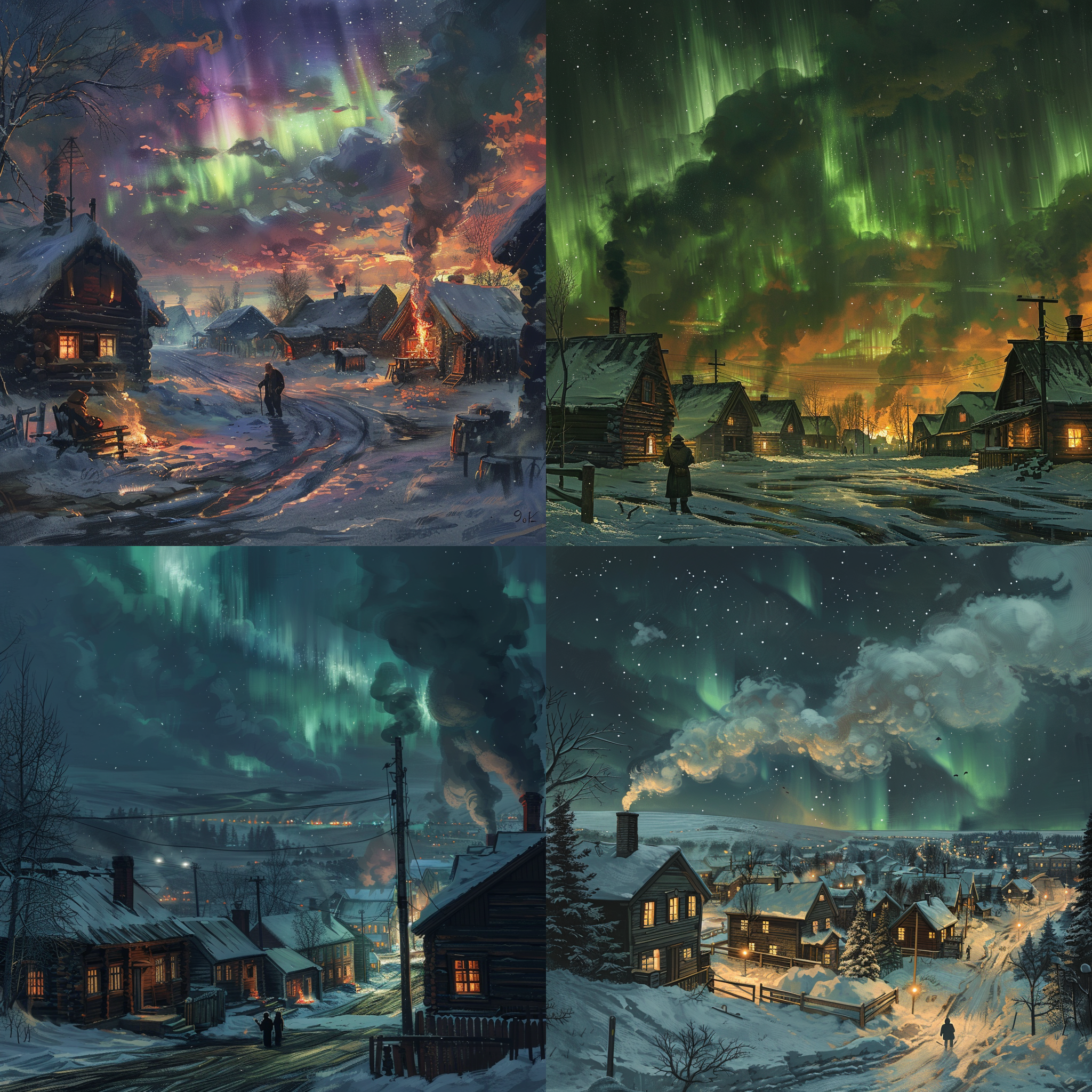 在寒冷的地区，有一排排的欧式风格的小木屋，烟囱炊烟袅袅，夜空之上是美轮美奂的极光，夜空下是人间烟火，我在街道上观看这一切，街道边有个老人抽着烟，旁边充满烟火的房间里有老人在欢声笑语的打牌，写实，暗色调，天空很美