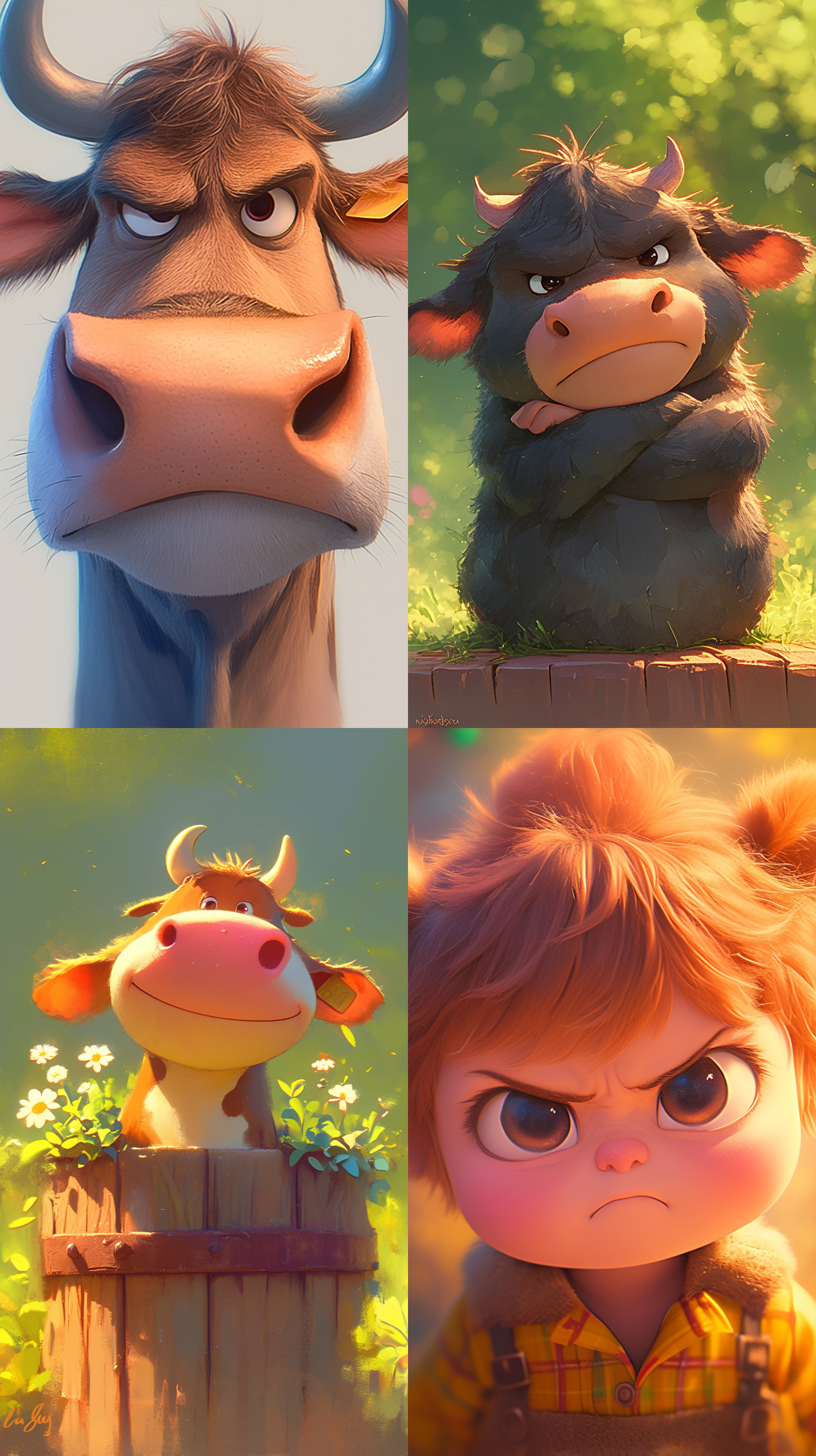 小奶牛皱眉，生气，惊讶，紧张，森林背景，皮克斯动画风格，超真实渲染，高角度拍摄，明亮色彩，迪士尼3d卡通风格，柔和光线，细腻纹理，高清，近景。模型: nj6.0(动漫质感)图片尺寸: [1632,2912