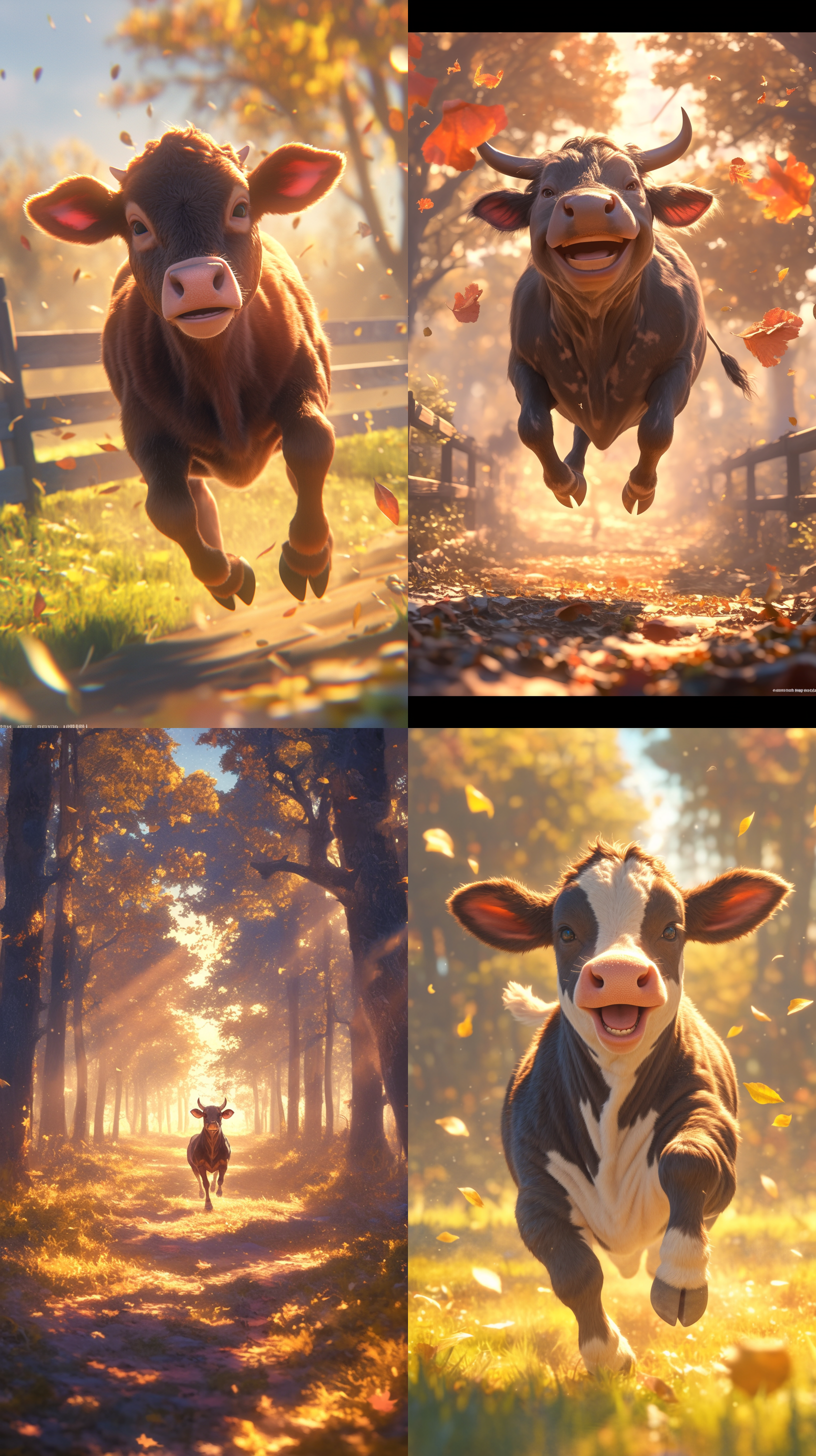 小奶牛欢快奔跑，森林背景，皮克斯动画风格，超真实渲染，高角度拍摄，明亮色彩，迪士尼3d卡通风格，柔和光线，细腻纹理，高清，近景。模型: nj6.0(动漫质感)图片尺寸: [1632,2912