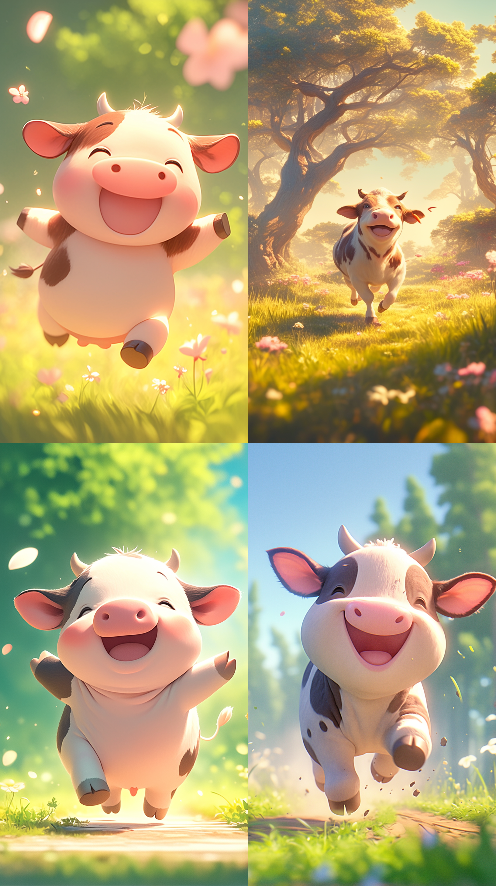 小奶牛欢快奔跑，森林背景，皮克斯动画风格，超真实渲染，高角度拍摄，明亮色彩，迪士尼3d卡通风格，柔和光线，细腻纹理，高清，近景。模型: nj6.0(动漫质感)图片尺寸: [1632,2912