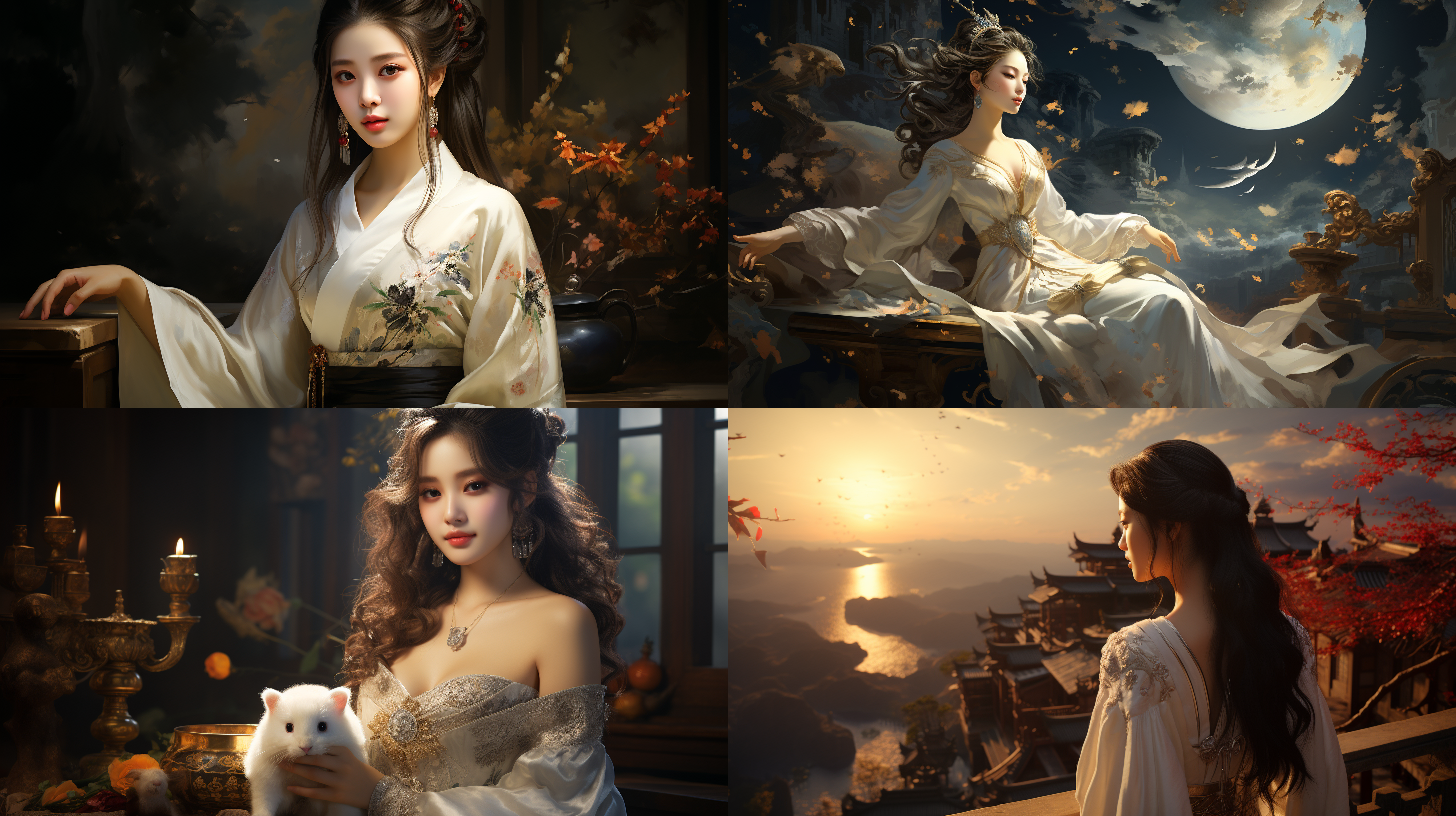 月宫，嫦娥，穿白色古装，头戴发簪，美艳绝伦，十全十美，一只兔子在捣药，月光，冷调，大师作品，高清，8k