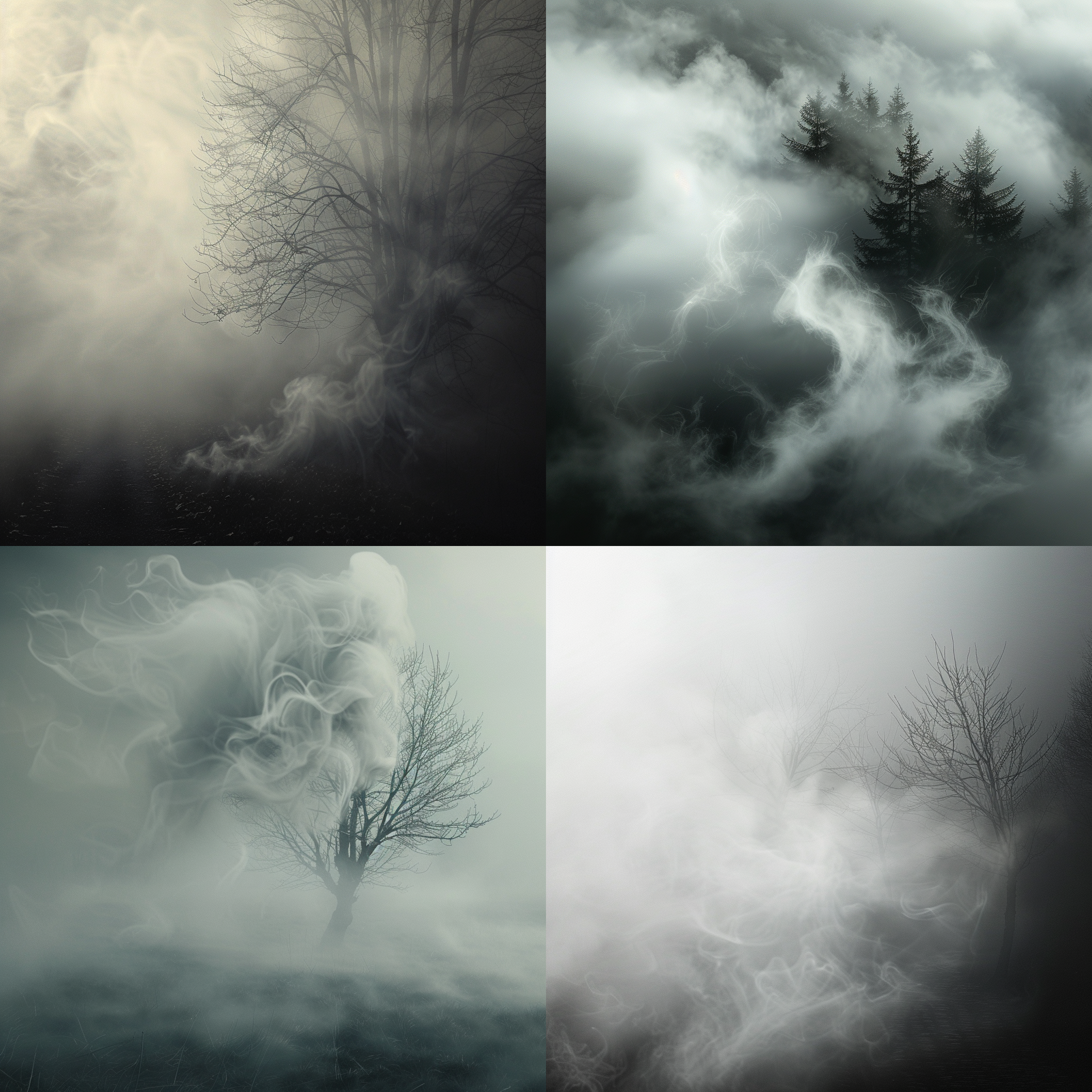 一位披散着白色长发、椭圆脸、有精致五官、白色眉毛、白色睫毛、睁眼、白色瞳孔、无眼影、无眼线、椭圆脸、无粉底腮红口红::1、似笑非笑、白皙发亮肌肤、双手下垂、干净整洁、优雅姿态、被烟雾包裹::1、白色朴素长裙、没有头饰和颈饰的古典年轻美女站立着凝望前方::1，她在烟雾缭绕的室外黑色虚空中，氛围神秘，水墨风格，格尔::1，全身照::2，长焦镜头，昏暗光线，多细节，高质量， 黑 全身 另一世界