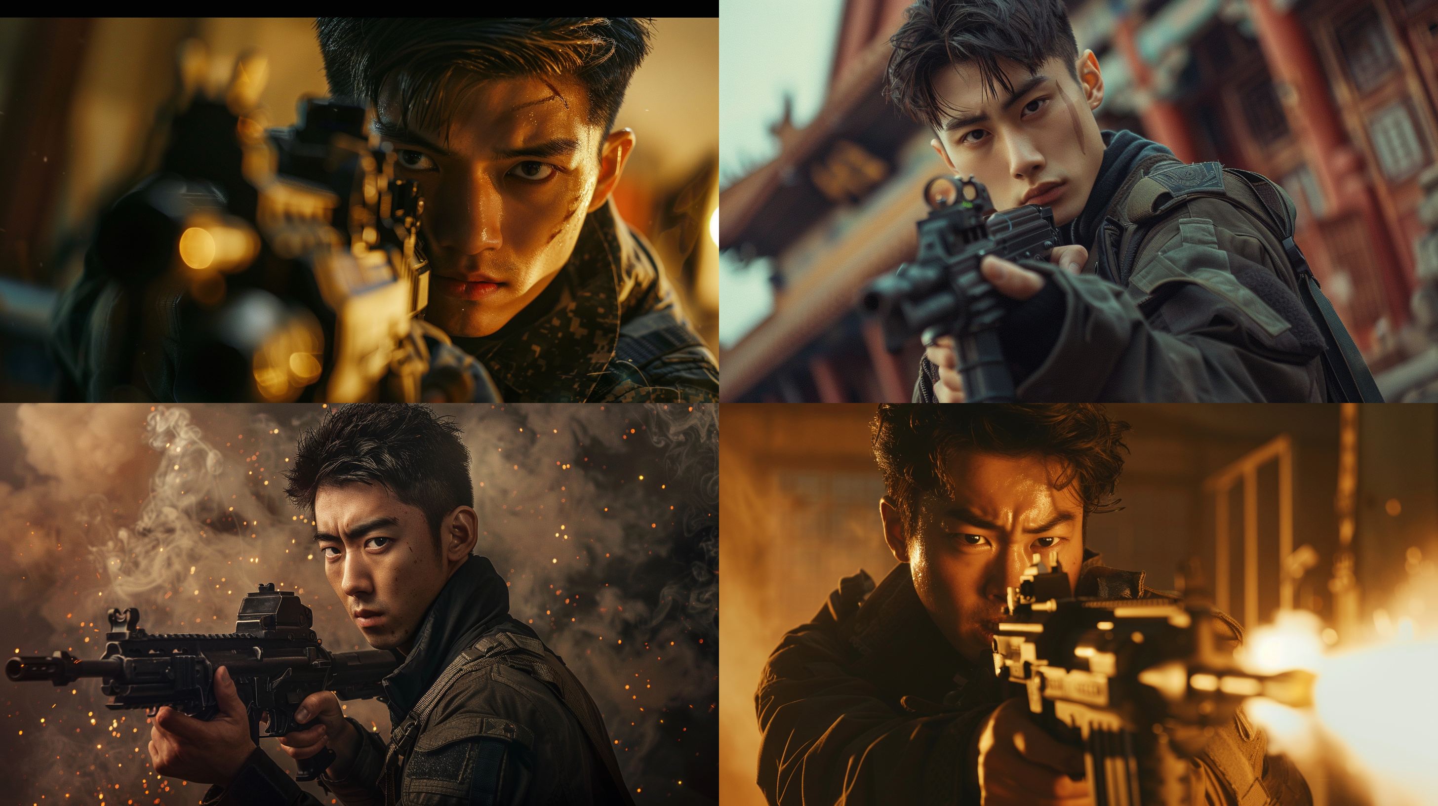 未来科技机械元素的中国，帅哥拿机枪，虚拟棚拍摄，对称构图，柔和光线，暖色调，长焦镜头，静谧优雅，细节丰富，传统元素，温馨，三体元素，最高清质量。