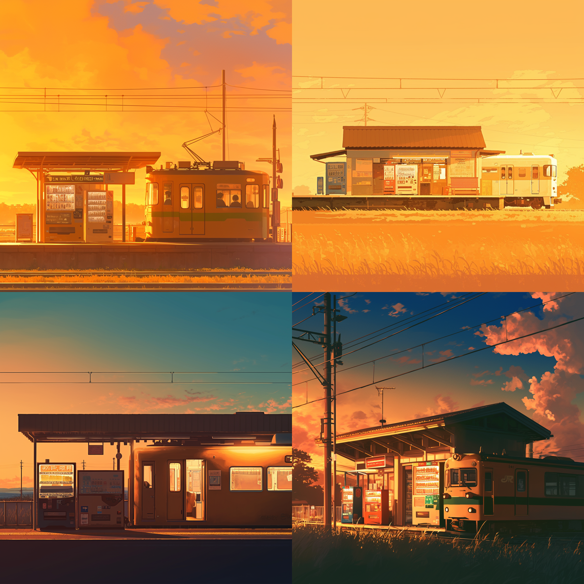 列车与小卖部，并置构图，黄昏时分，乡村背景，暖黄色调，长焦镜头，柔和背光，慢速快门，静态，怀旧，温馨。
