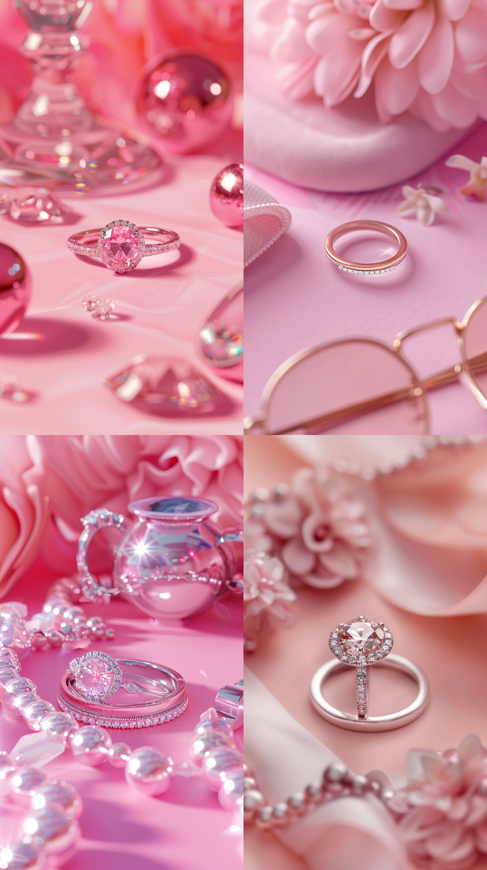 a realistic photograph of a white gold ring product, in a luxurious style, with a pink background, featuring accessories in matching pink tones -