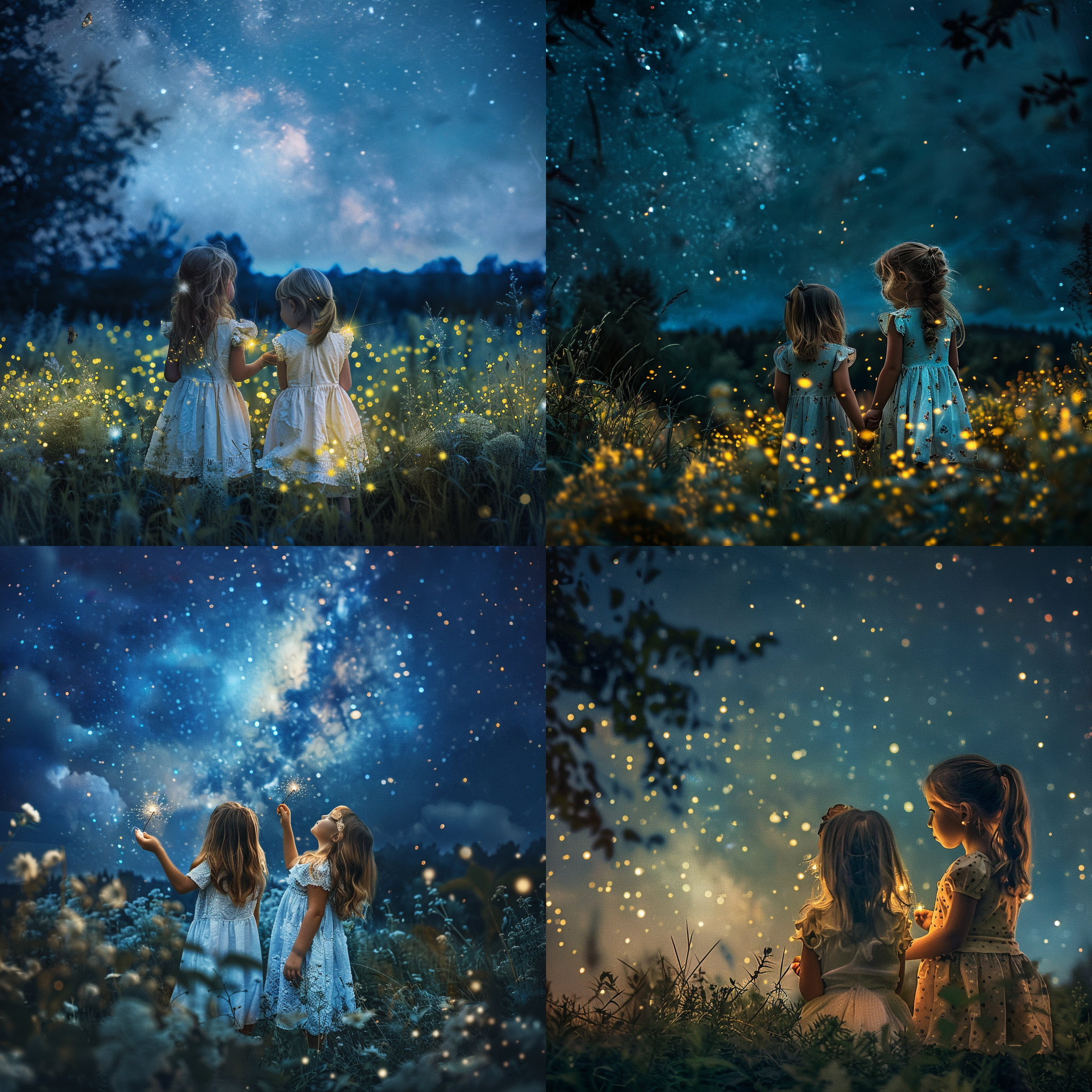 童话世界，梵高星空背景，夜空下，两个小女孩捉萤火虫，仰望星空，长曝光，低光摄影，柔和光线，梦幻色彩，广角镜头，动态捕捉，天真无邪。