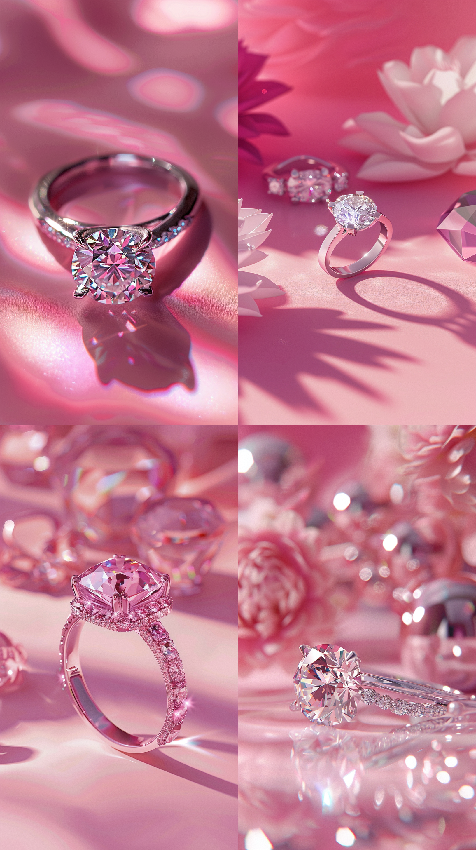 a realistic photograph of a diamond ring product, in a luxurious style, with a pink background, featuring accessories in matching pink tones - variations (strong) by