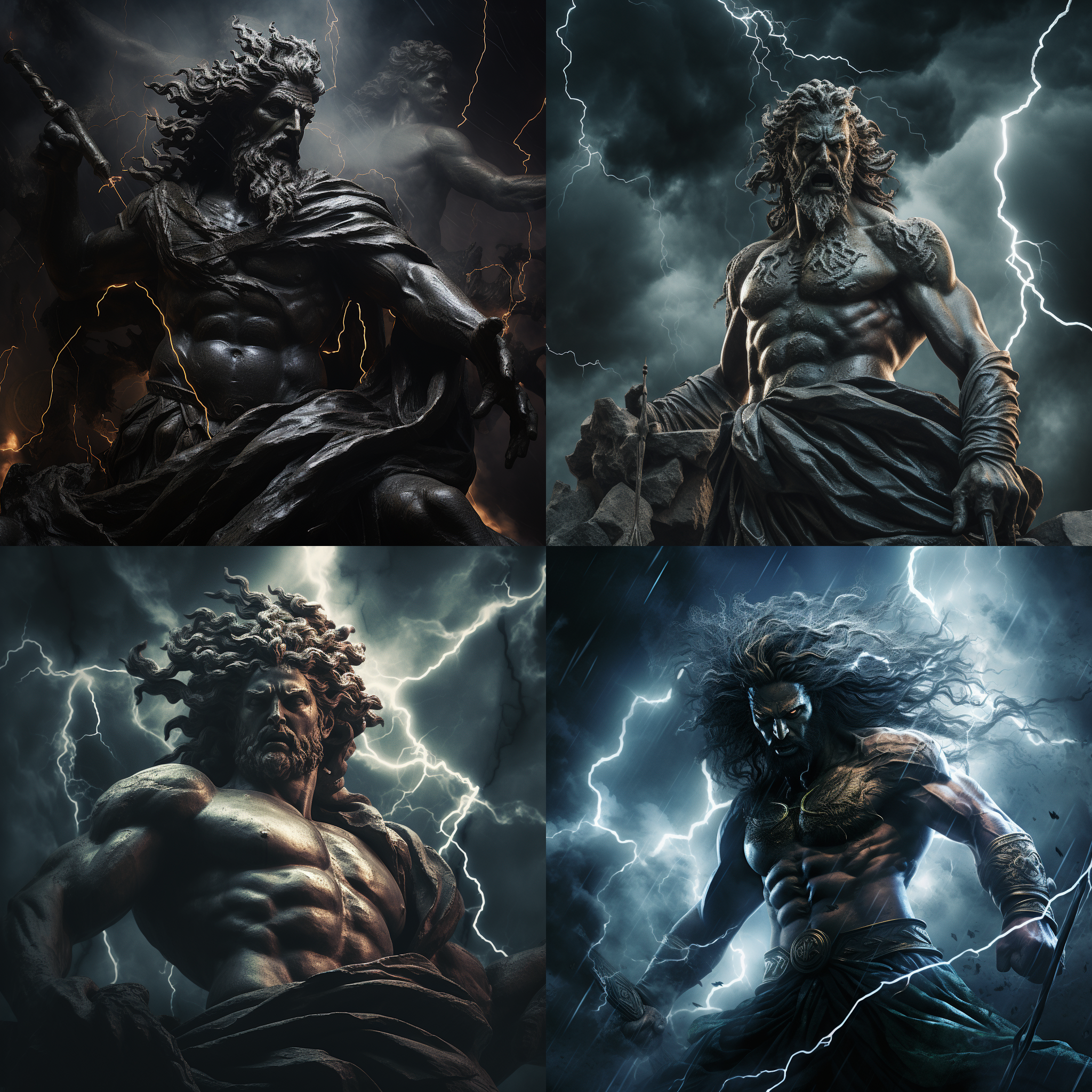 雷电交加的暴风雨中，宙斯手持闪电，美杜莎蛇发披肩，眼神杀气，珀尔修斯挥剑，决战场面，动态捕捉，暗黑风格，高光对比，广角镜头，闪电特效，紧张气氛，冷色调，快速快门。