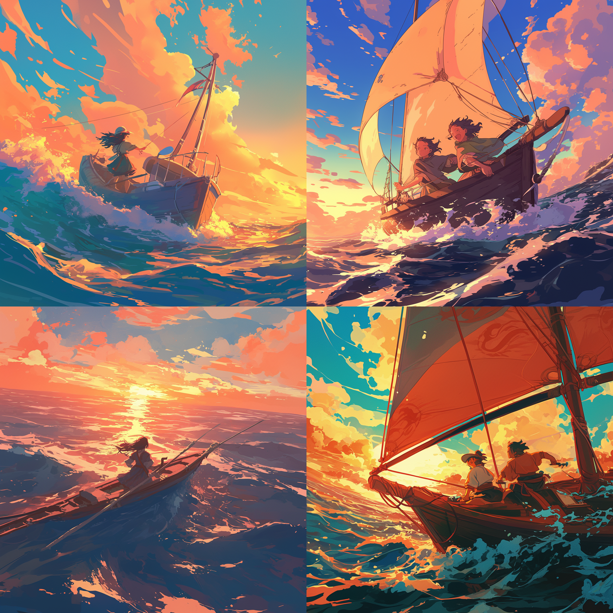 小船冒险，历史动漫风格，简洁线条，海浪翻滚，日落时分，逆光，低饱和度，广角镜头，远景，勇敢，探索。