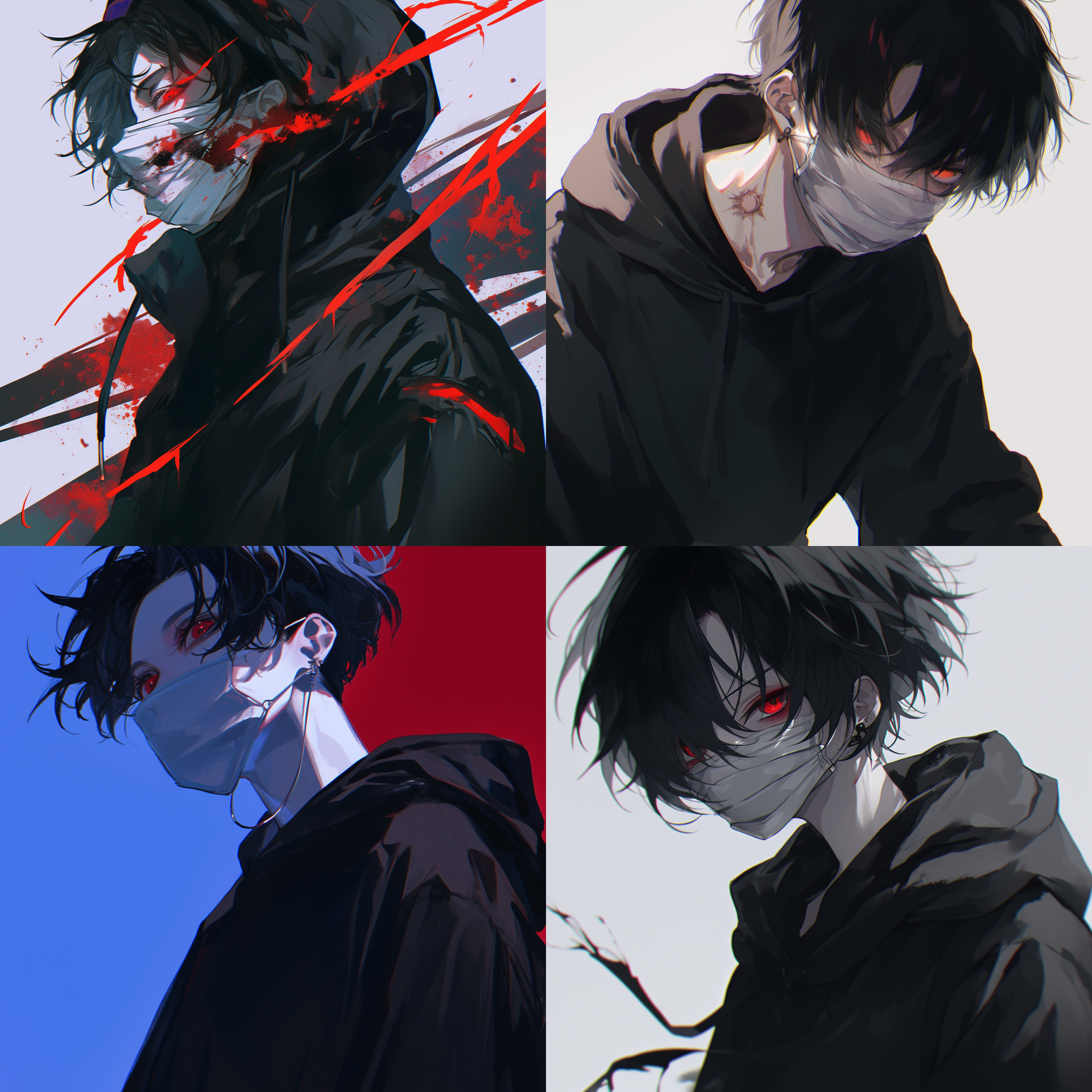 黑色头发的男生，帅气，有杀气，红色的眼睛，戴着未知感，脸上迷离，戴着白色口罩，穿着黑色卫衣