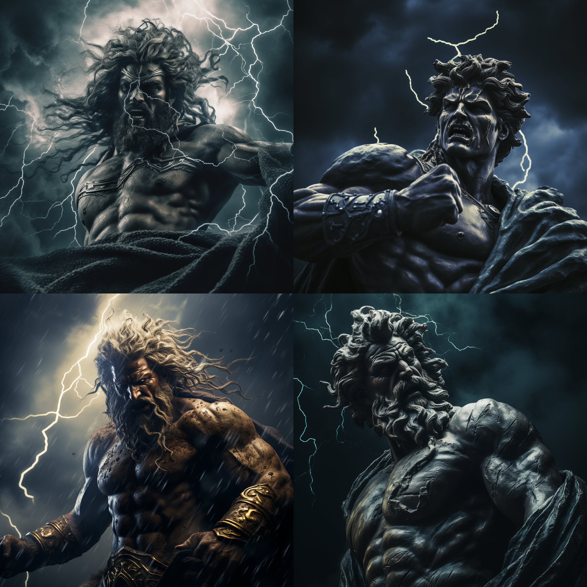 雷电交加的暴风雨中，宙斯手持闪电，美杜莎蛇发披肩，眼神杀气，珀尔修斯挥剑，决战场面，动态捕捉，暗黑风格，高光对比，广角镜头，闪电特效，紧张气氛，冷色调，快速快门。