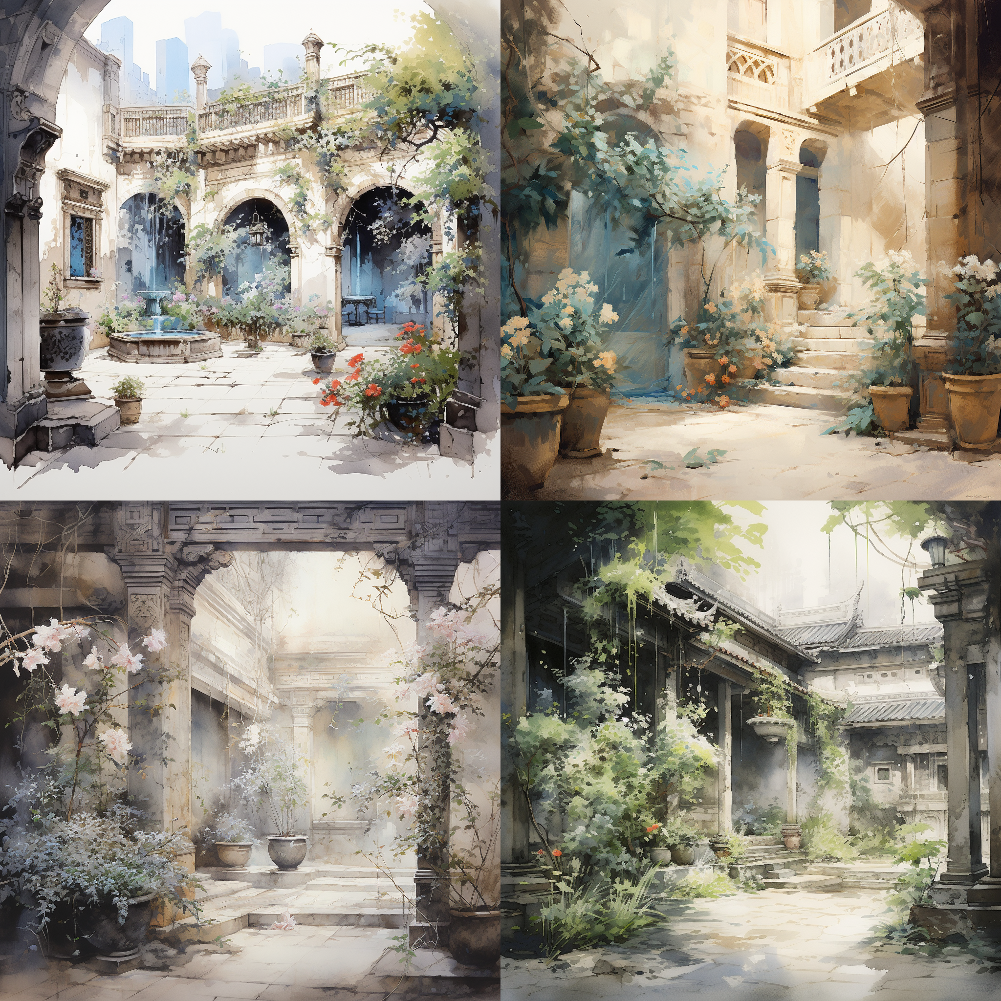 古风文言场景，花草环绕，水墨画风，庭院中，冷色调，长焦镜头，柔和光线，静态，细腻笔触，沉静，优雅。