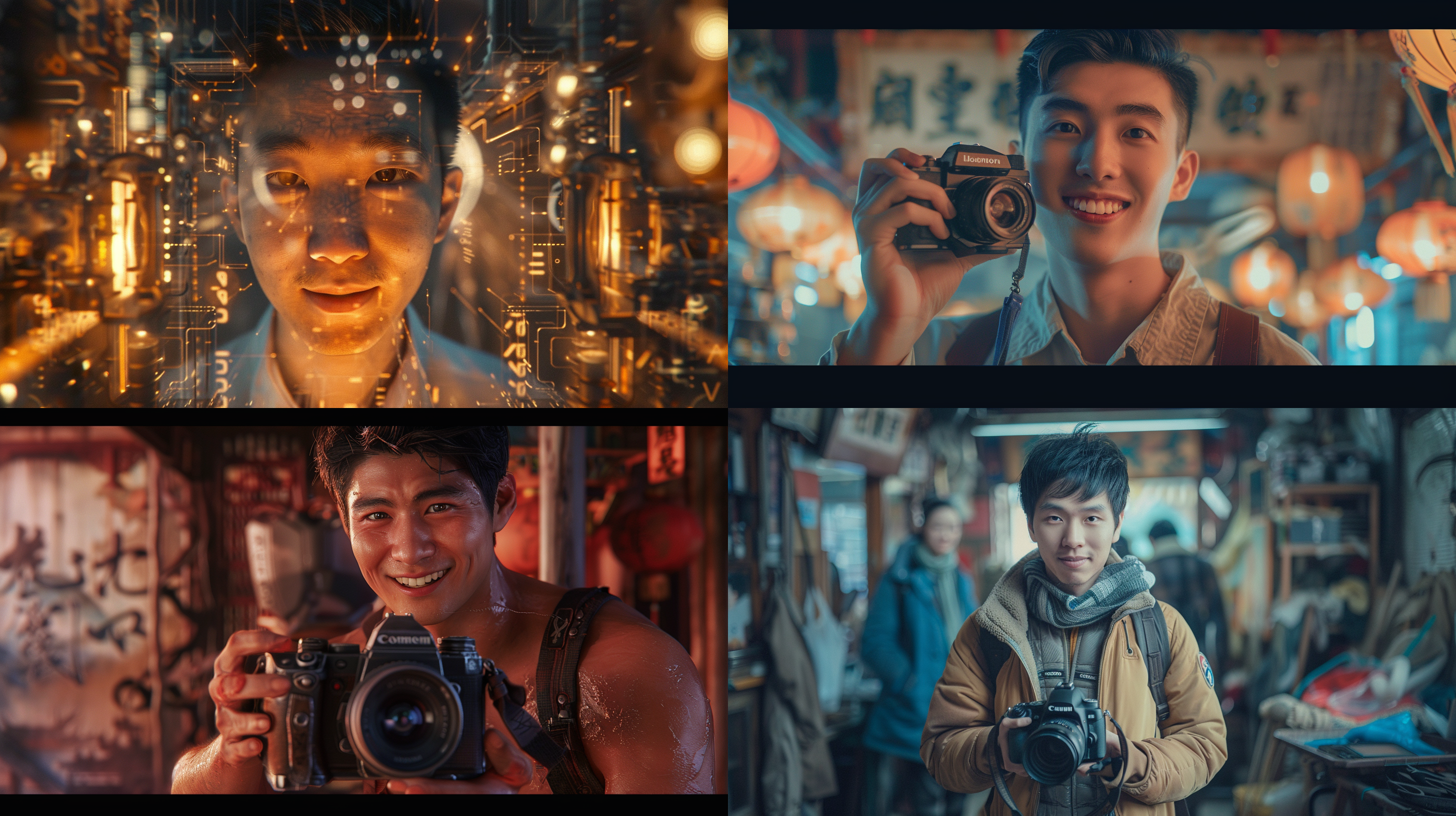 未来科技机械元素的中国，帅哥拿摄影机微笑，肤质细节真实，虚拟棚拍摄，对称构图，柔和光线，暖色调，长焦镜头，静谧，优雅，细节丰富，传统元素，温馨，三体元素，最高清质量。