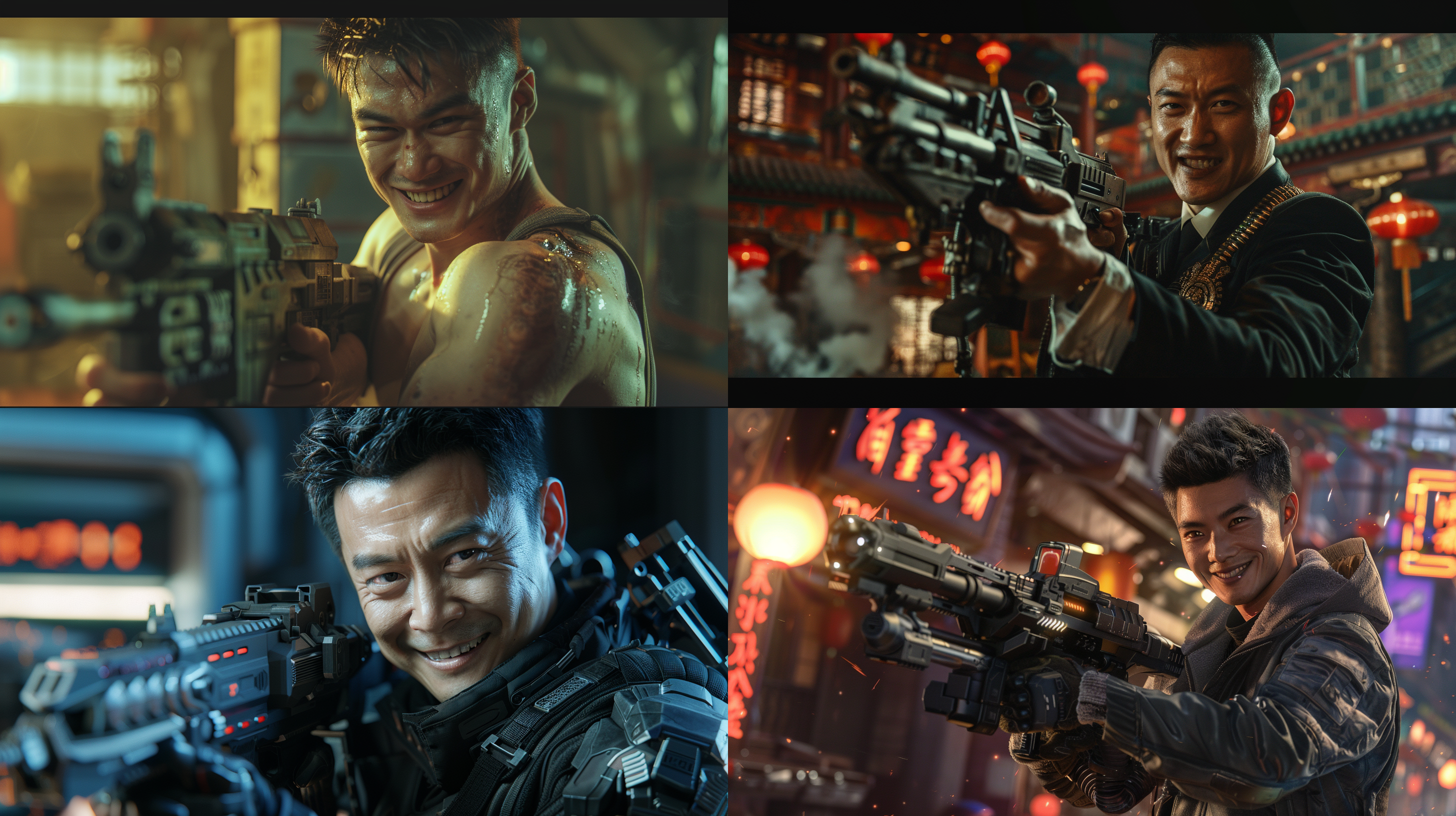 未来科技机械元素的中国，帅哥拿机枪微笑，肤质细节真实，虚拟棚拍摄，对称构图，柔和光线，暖色调，长焦镜头，静谧，优雅，细节丰富，传统元素，温馨，三体元素，最高清质量。