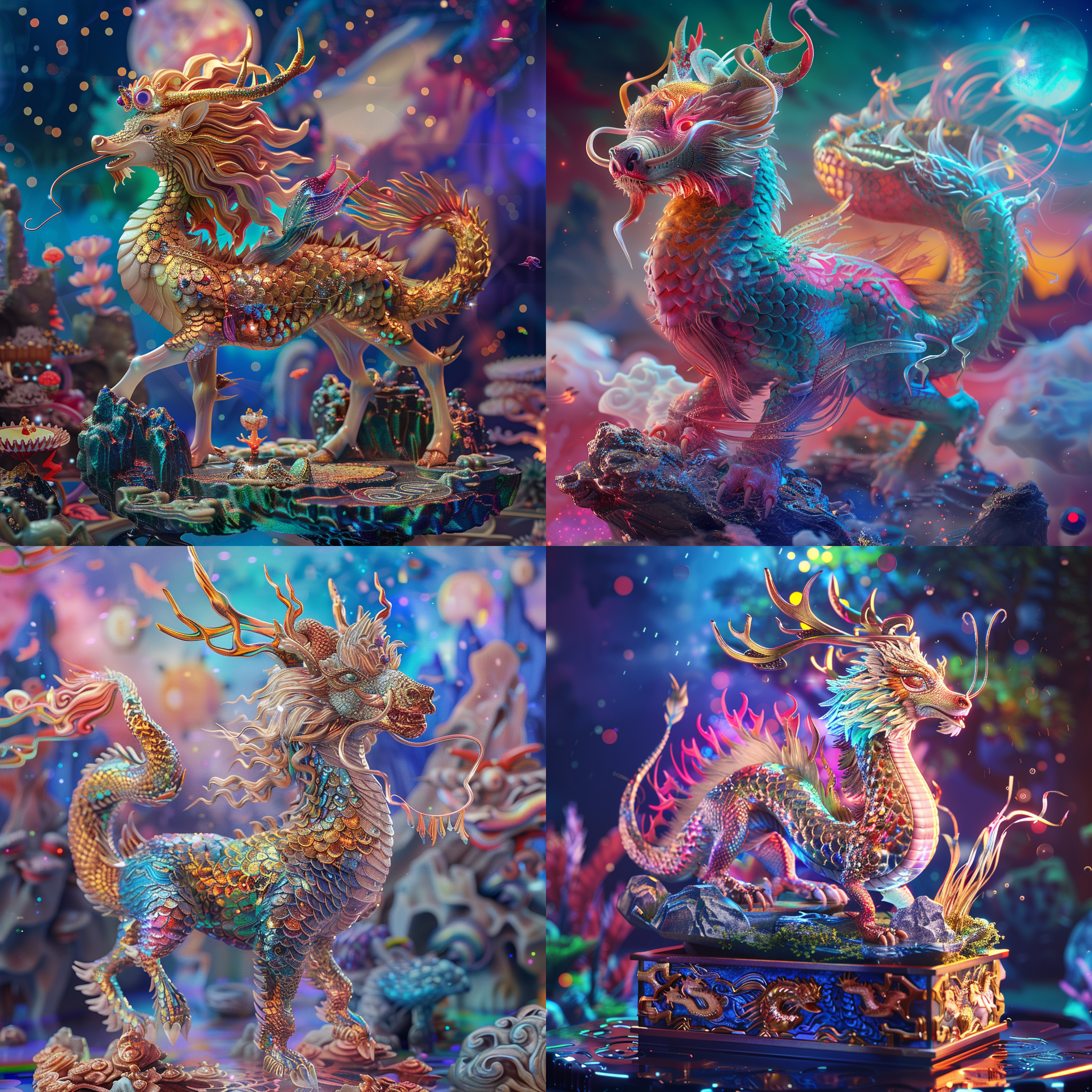 神秘的传说中的生物麒麟，龙首、鹿身、牛蹄、鱼鳞，背景是五彩缤纷的宇宙，盲箱，3d, 皮克斯艺术，全身，神级电影边缘照明，自然光逼真的照明和阴影，中国神话场景，