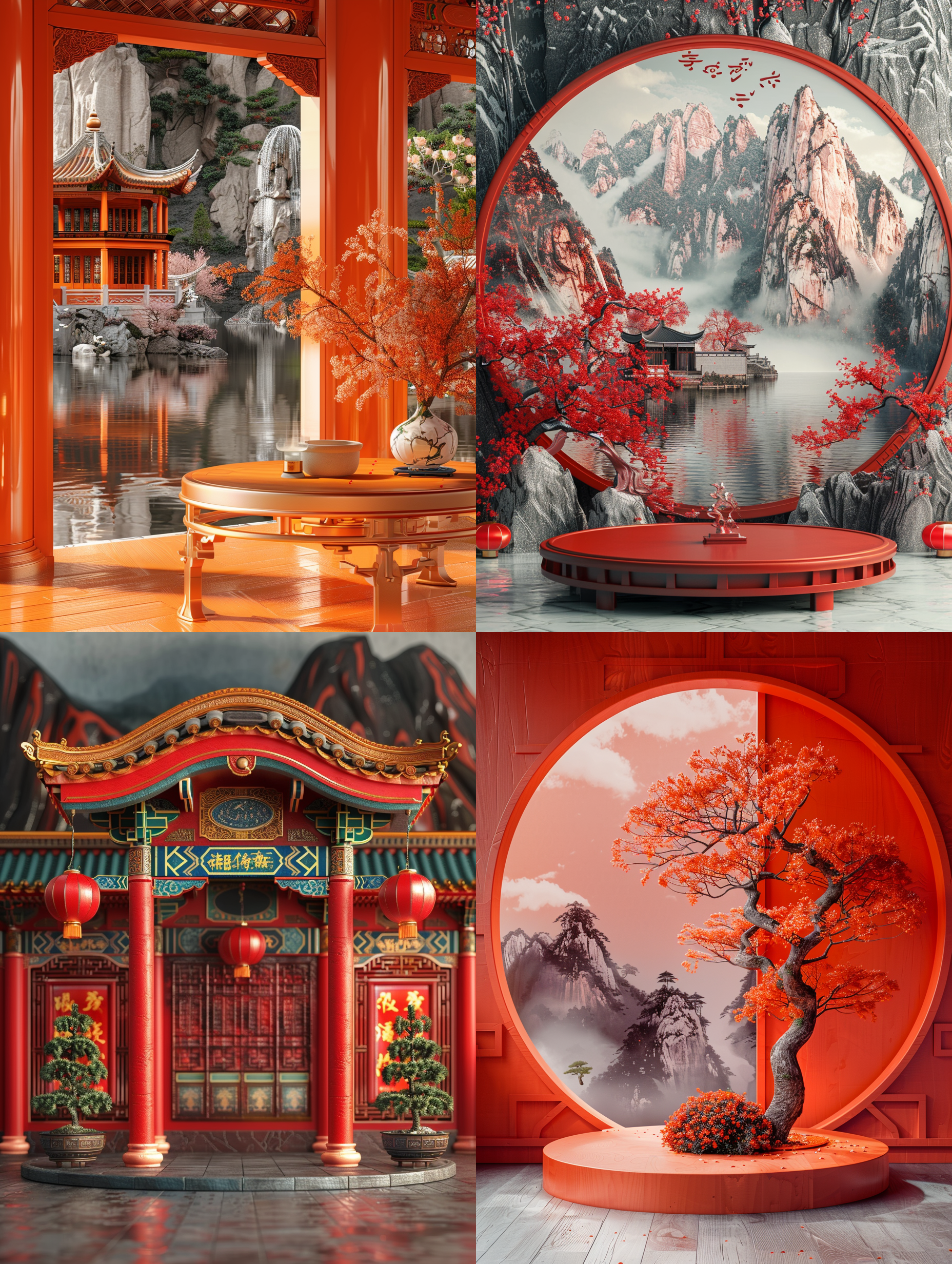 圆形平面讲台，产品展示，上面有迎客松、假山和中国古建筑，简约的中国背景墙，工作室灯光，3d，渲染，超精细 圆形平面讲台，产品展示，上面有迎客松、假山和中国古建筑，简约的中国背景墙，工作室灯光，3d，渲染，超精细