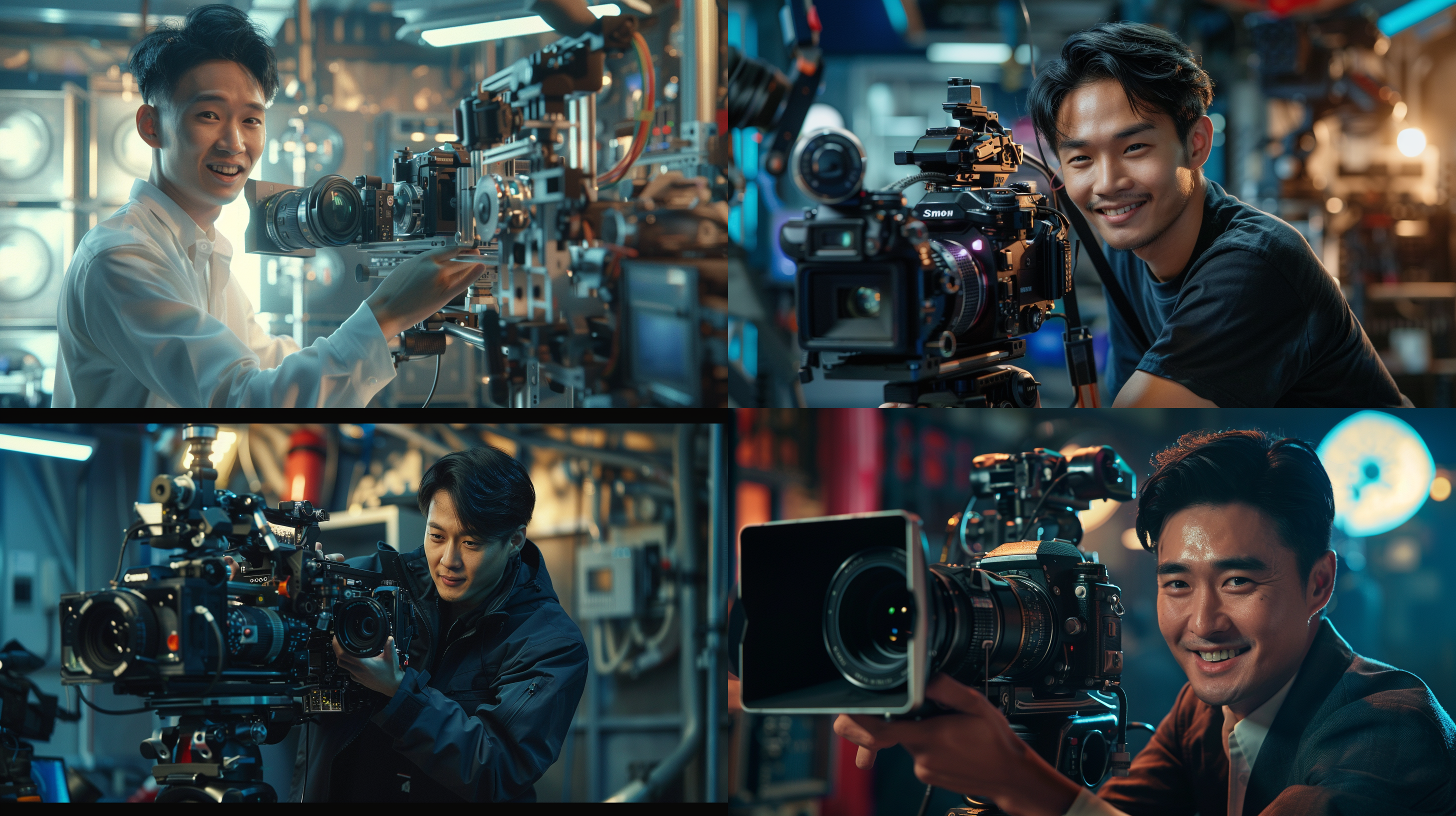 未来科技机械元素的中国，帅哥拿arri电影机微笑，肤质细节真实，虚拟棚拍摄，对称构图，柔和光线，暖色调，长焦镜头，静谧，优雅，细节丰富，传统元素，温馨，三体元素，最高清质量。