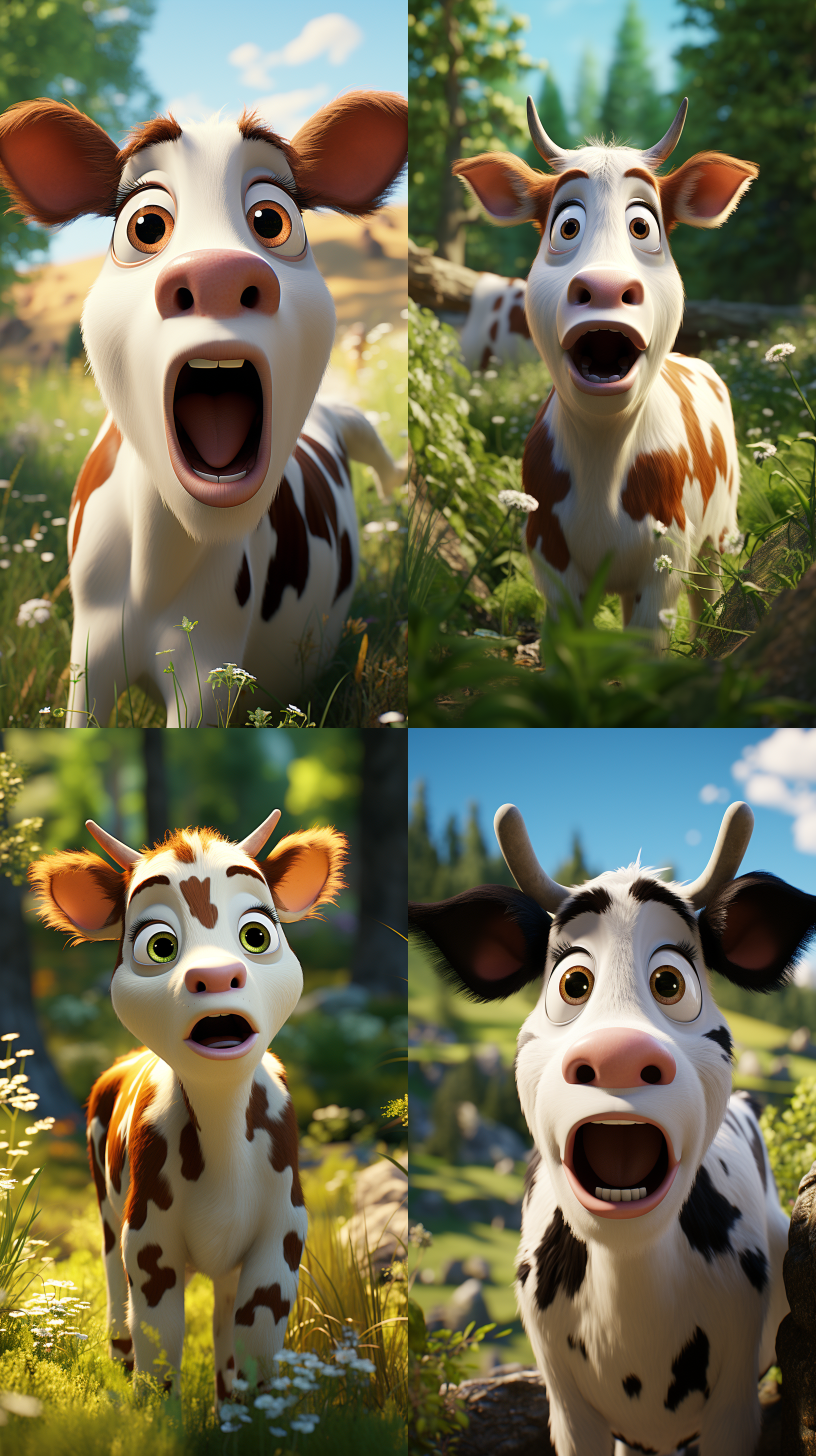 小奶牛皱眉，生气，惊讶，紧张，森林背景，皮克斯动画风格，超真实渲染，高角度拍摄，明亮色彩，迪士尼3d卡通风格，柔和光线，细腻纹理，高清，近景。模型: nj6.0(动漫质感)图片尺寸: [1632,2912