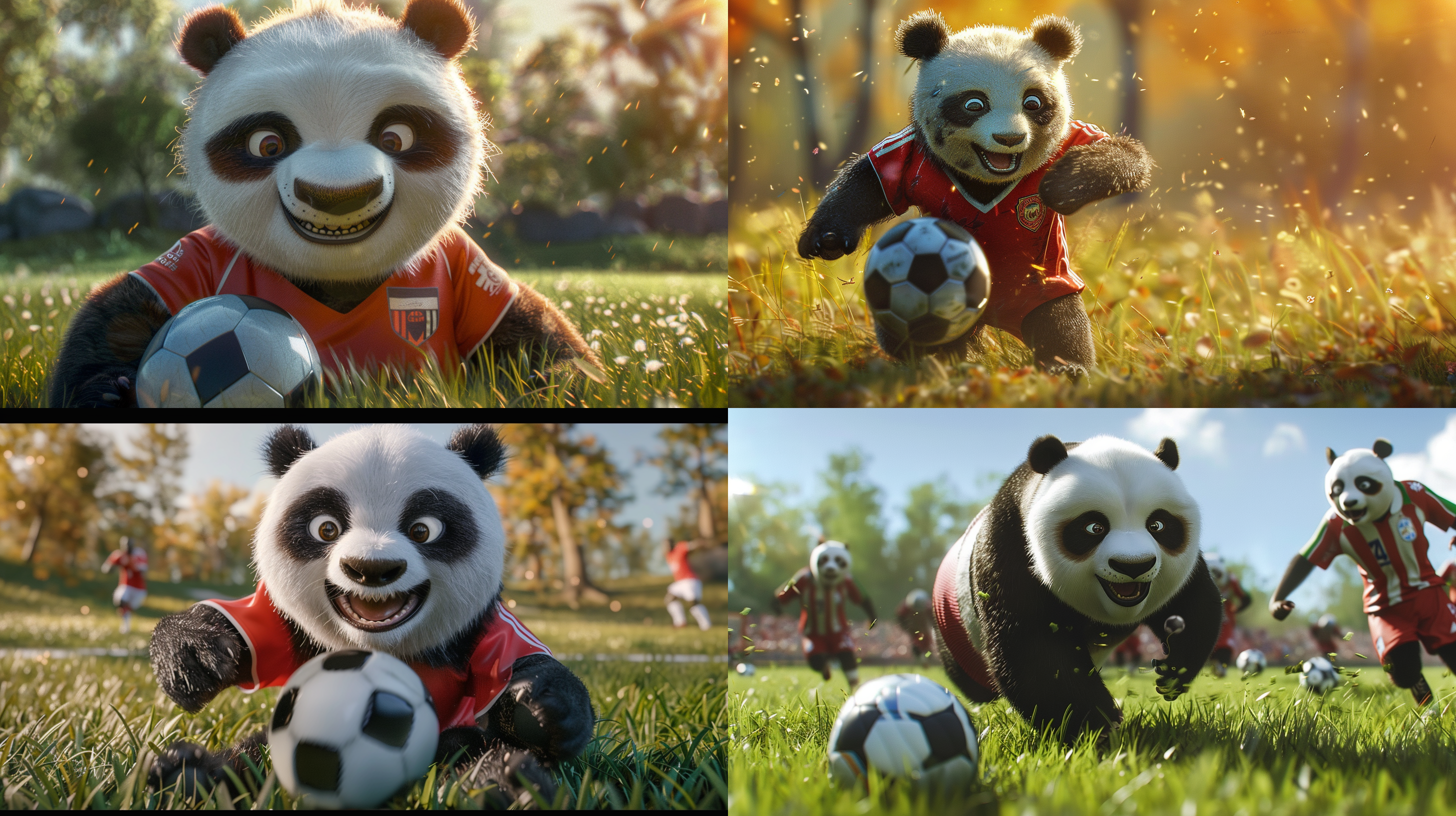 熊猫穿各国球衣踢足球，毛发细节真实，广角镜头，暖色调，柔和光线，对称构图，最高清质量，动态捕捉，微笑表情，草地背景，团队合作。