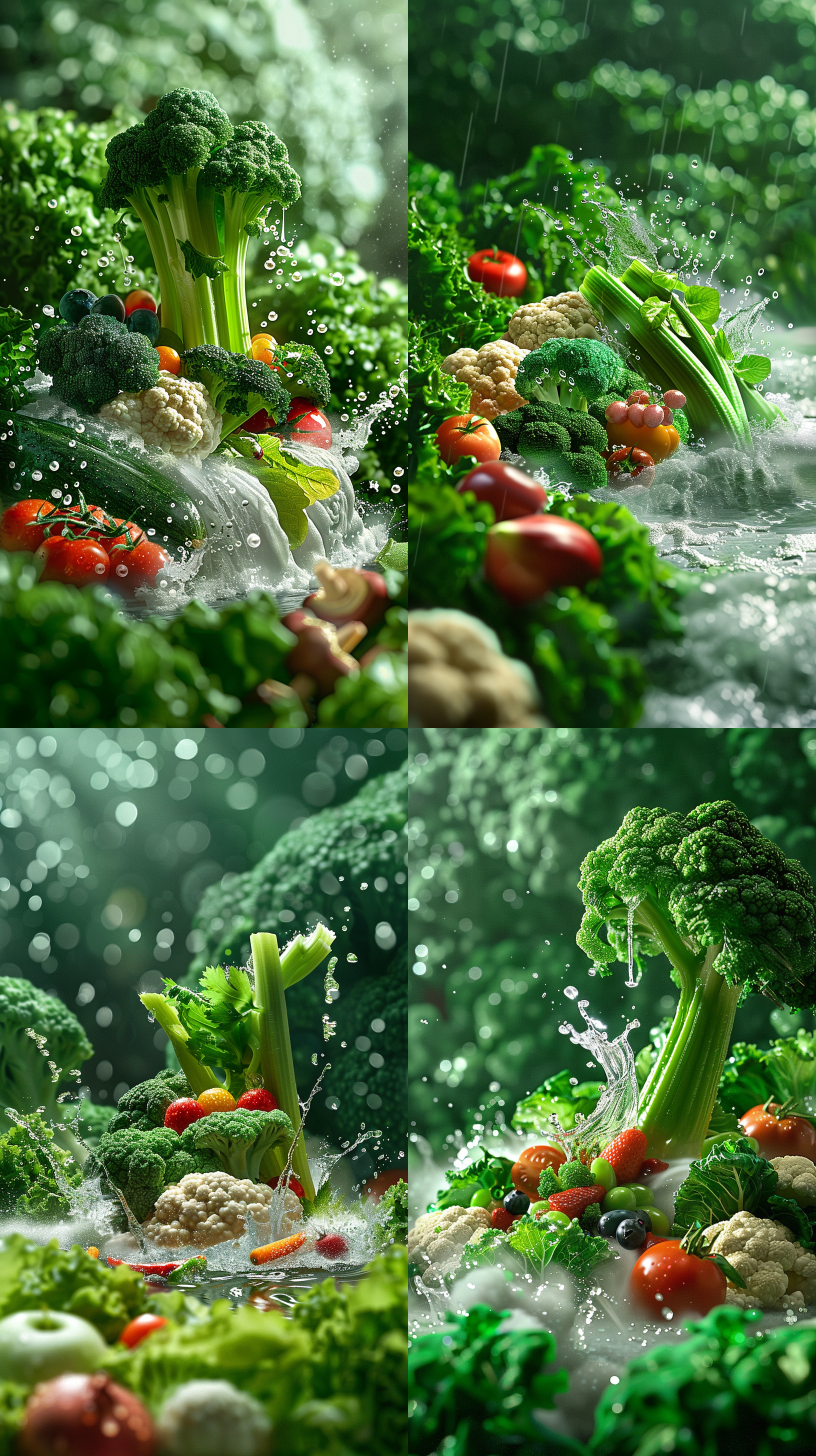 微距摄影美食摄影水花飞溅杰作，最高品质，微距摄影，巨大芹菜，蜿蜒河流雨雾，蔬菜，大叶子，西红柿，花椰菜，葡萄，蓝莓，超大苹果，宏镜头，自然光，高清，丰富细节，鲜艳色彩，动态捕捉，水滴飞溅，充满活力。