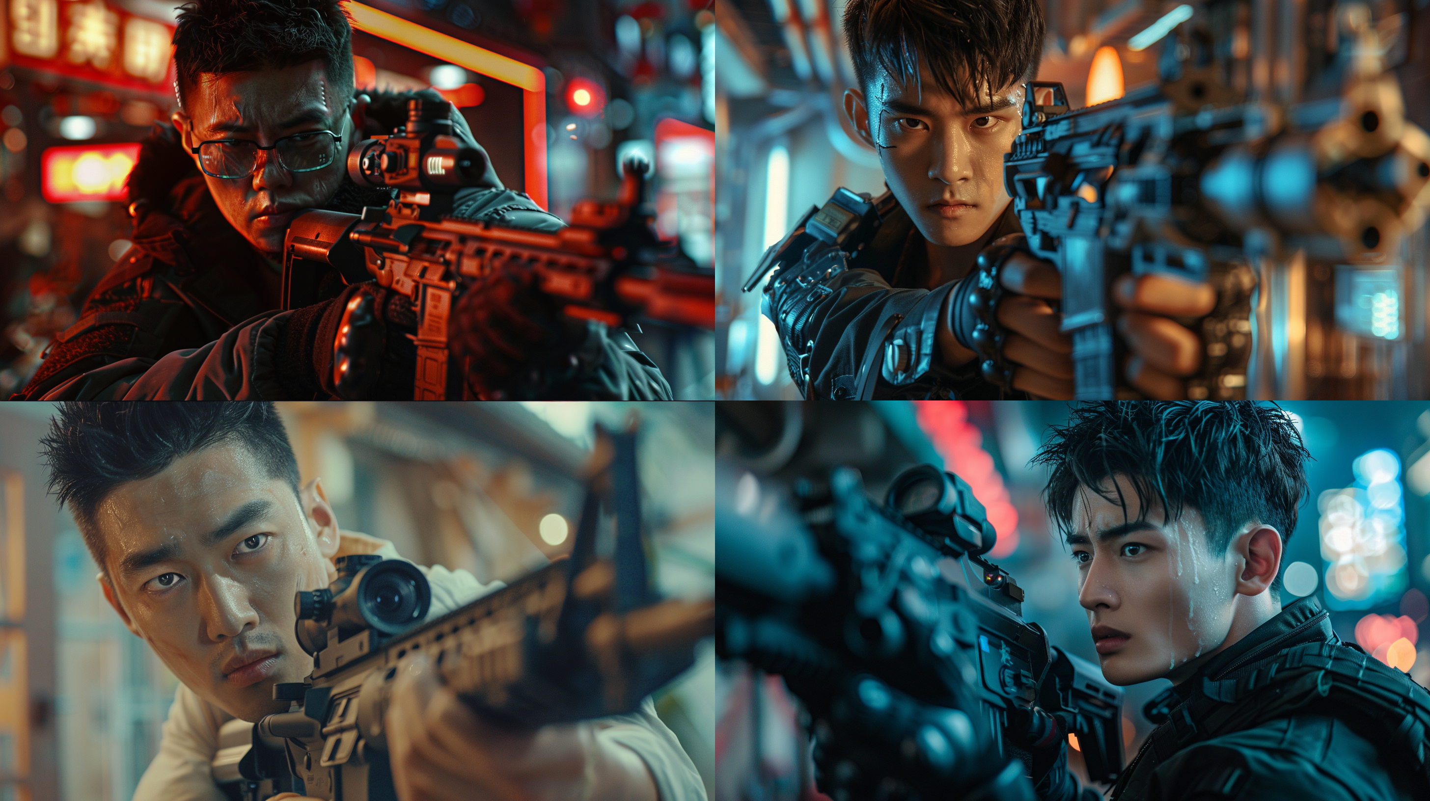 未来科技机械元素的中国，帅哥拿机枪，虚拟棚拍摄，对称构图，柔和光线，暖色调，广角镜头，肤质细节真实，静谧优雅，细节丰富，传统元素融合，温馨氛围，三体元素，最高清质量。