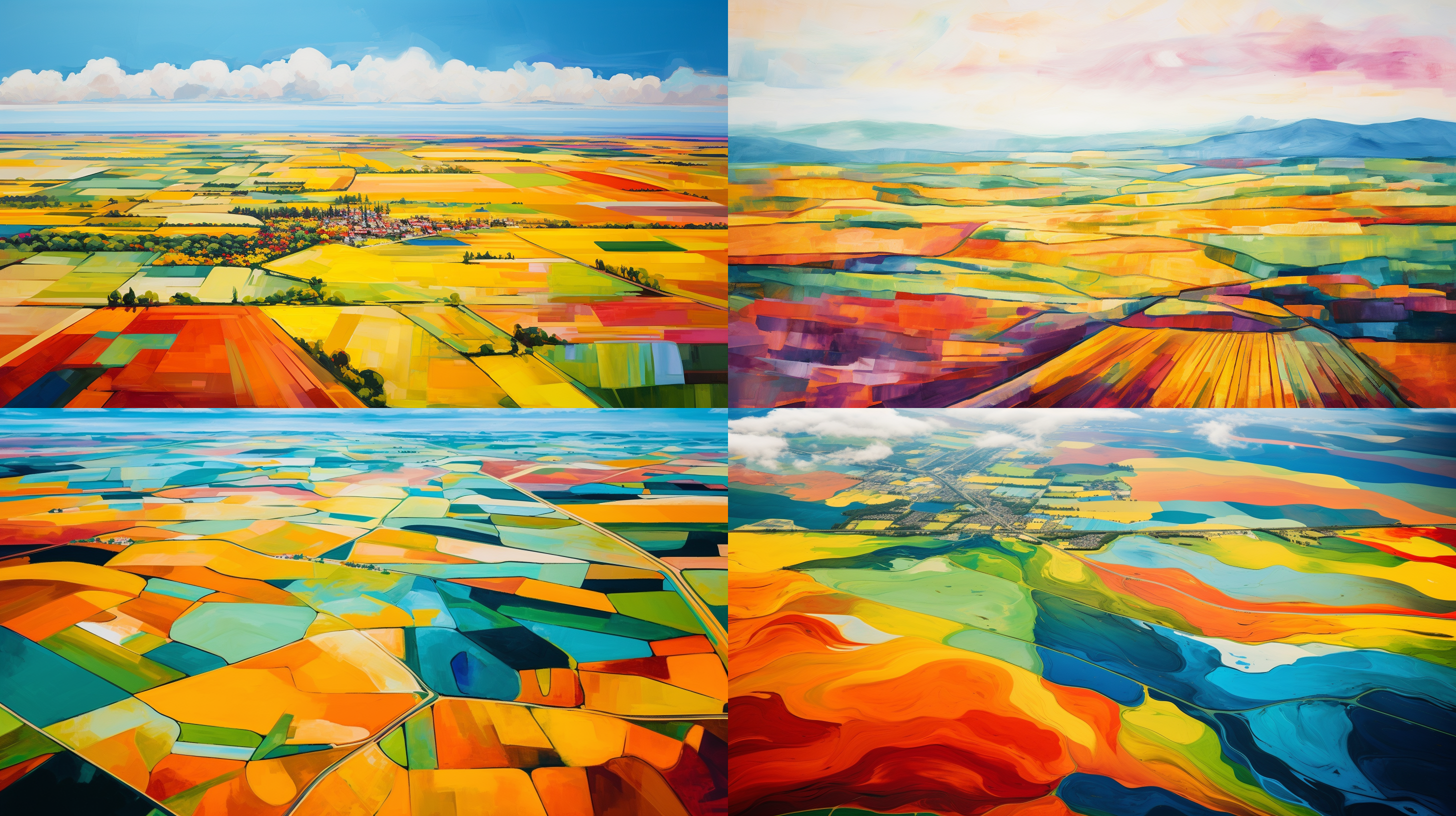 彩色农田，字体，俯视角度，广阔田野，鲜艳色彩，抽象艺术风格，阳光明媚，长焦镜头，饱和色彩，和谐，宁静。