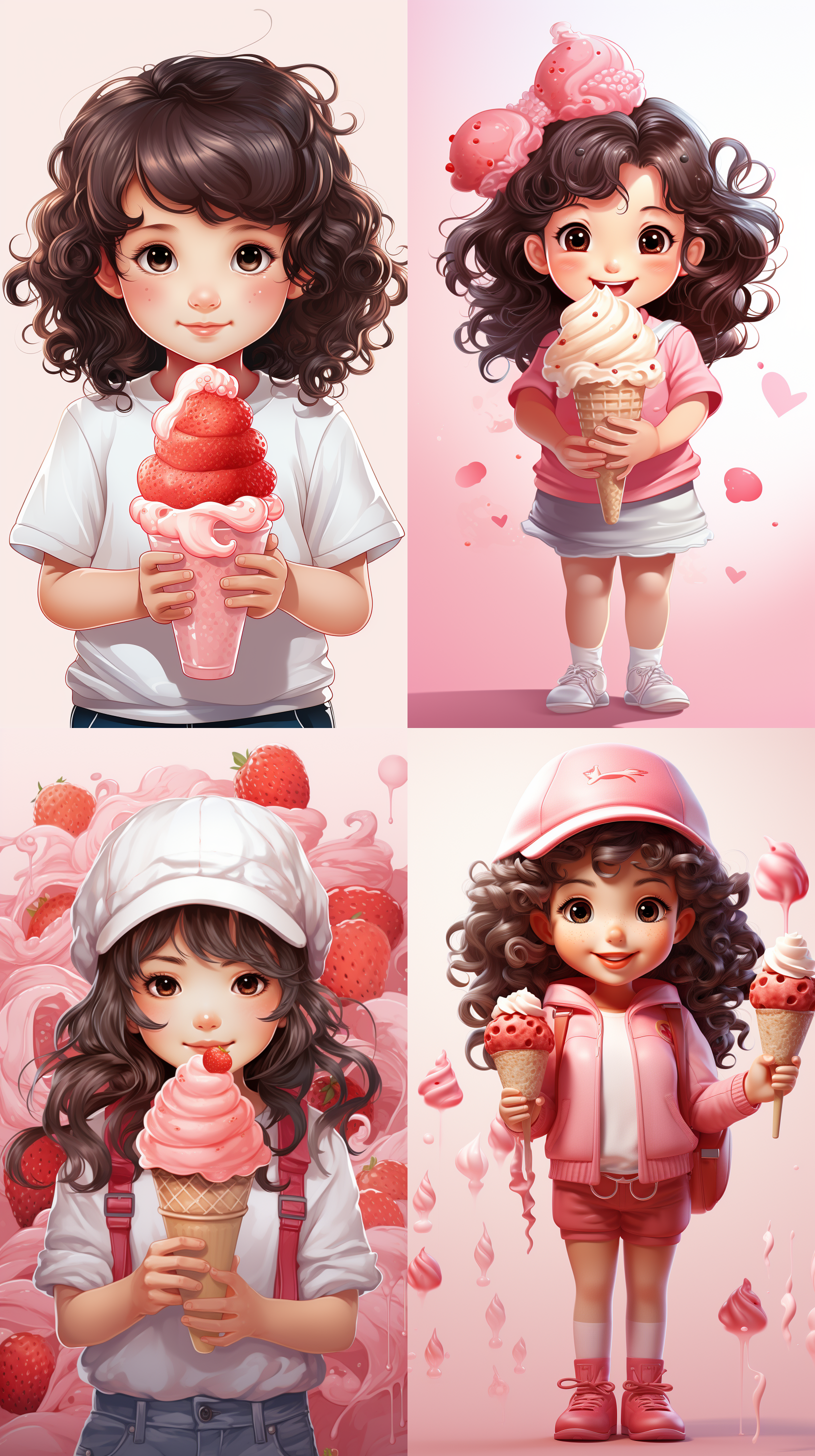 卡通小女孩手持，草莓味冰淇凌，火炬形状，全景展示，清新日式风格，细腻质感，不填充背景色，柔和，清凉，诱人