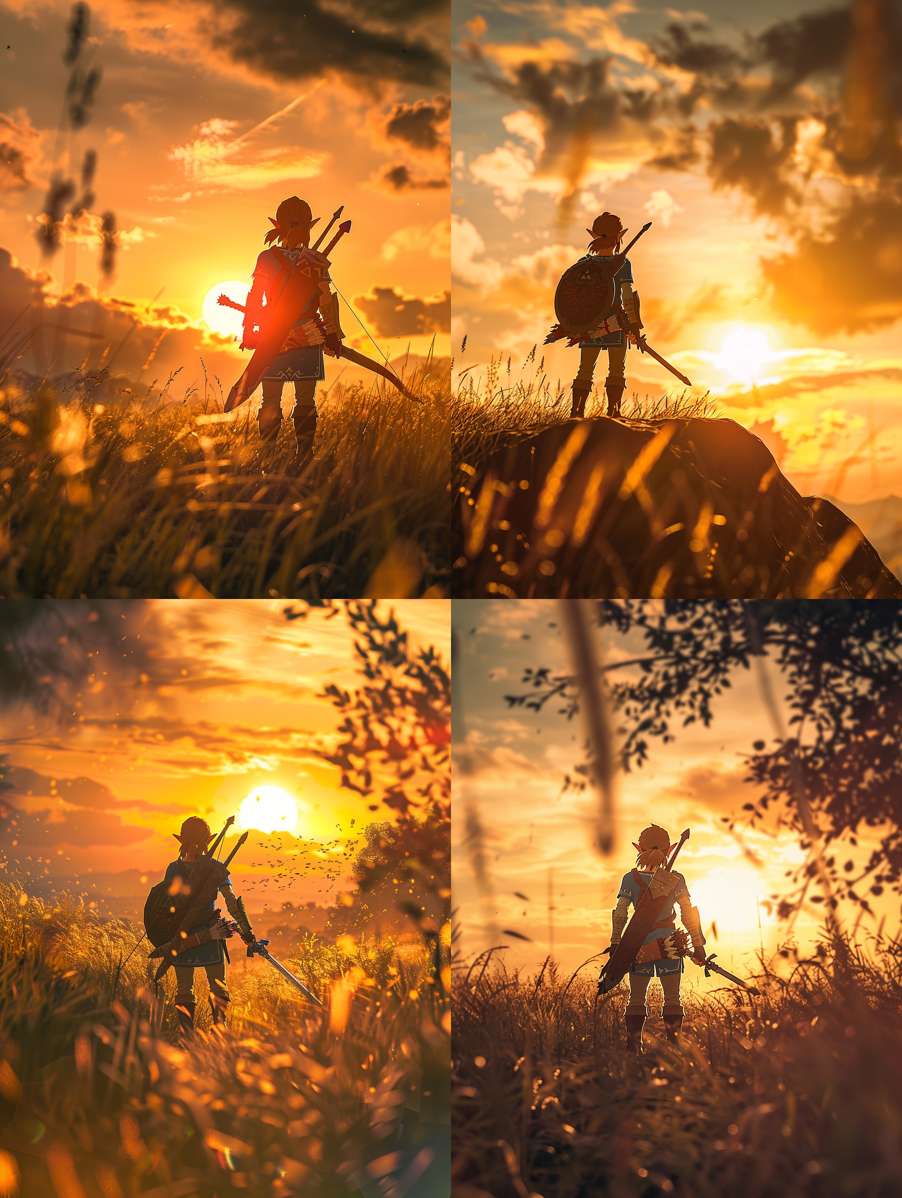 旷野之息，塞尔达，双人，人小景大，远景，夕阳，逆光，剪影，广角镜头，荒野，冒险，长袍，弓箭，仰视角度，金色阳光，神秘感。