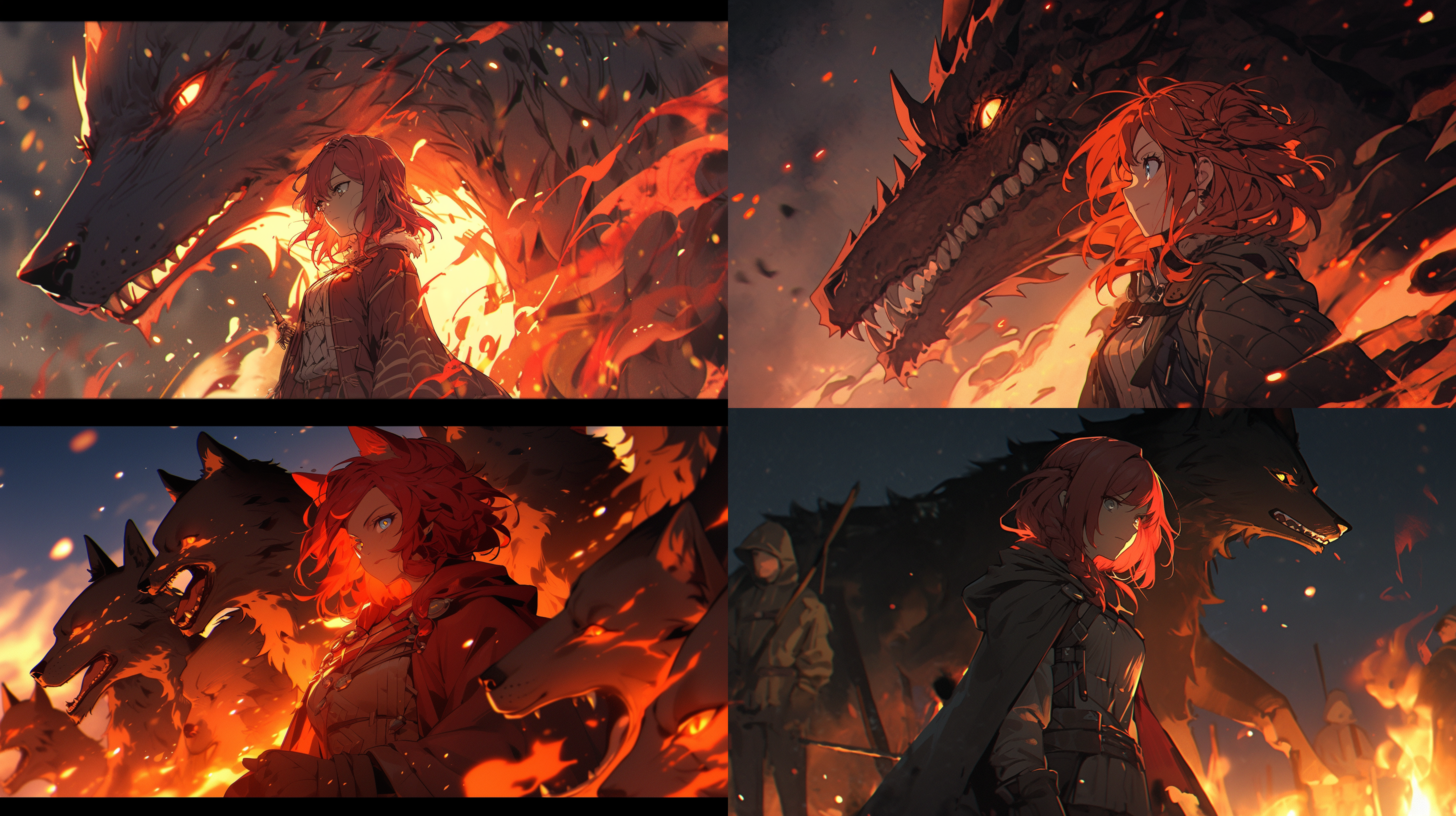 红发女性守护者，短发坚毅，龙之谷，冷色调，狼伴，篝火旁，低角度，广角镜头，侧光，深景深，动态捕捉，忠诚，勇敢。