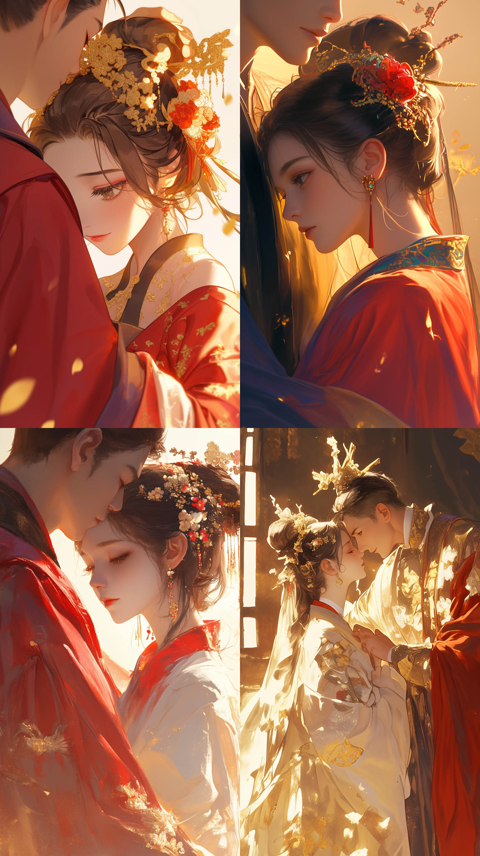 唐朝公主精致妆容，帅气男子怀中扑入，皇帝朝堂内，古典风格，暖色调，侧视角度，自然光照，广角镜头，低角度拍摄，细腻皮肤质感，华丽服饰，深情对视，宫廷氛围，柔和光线，历史感。