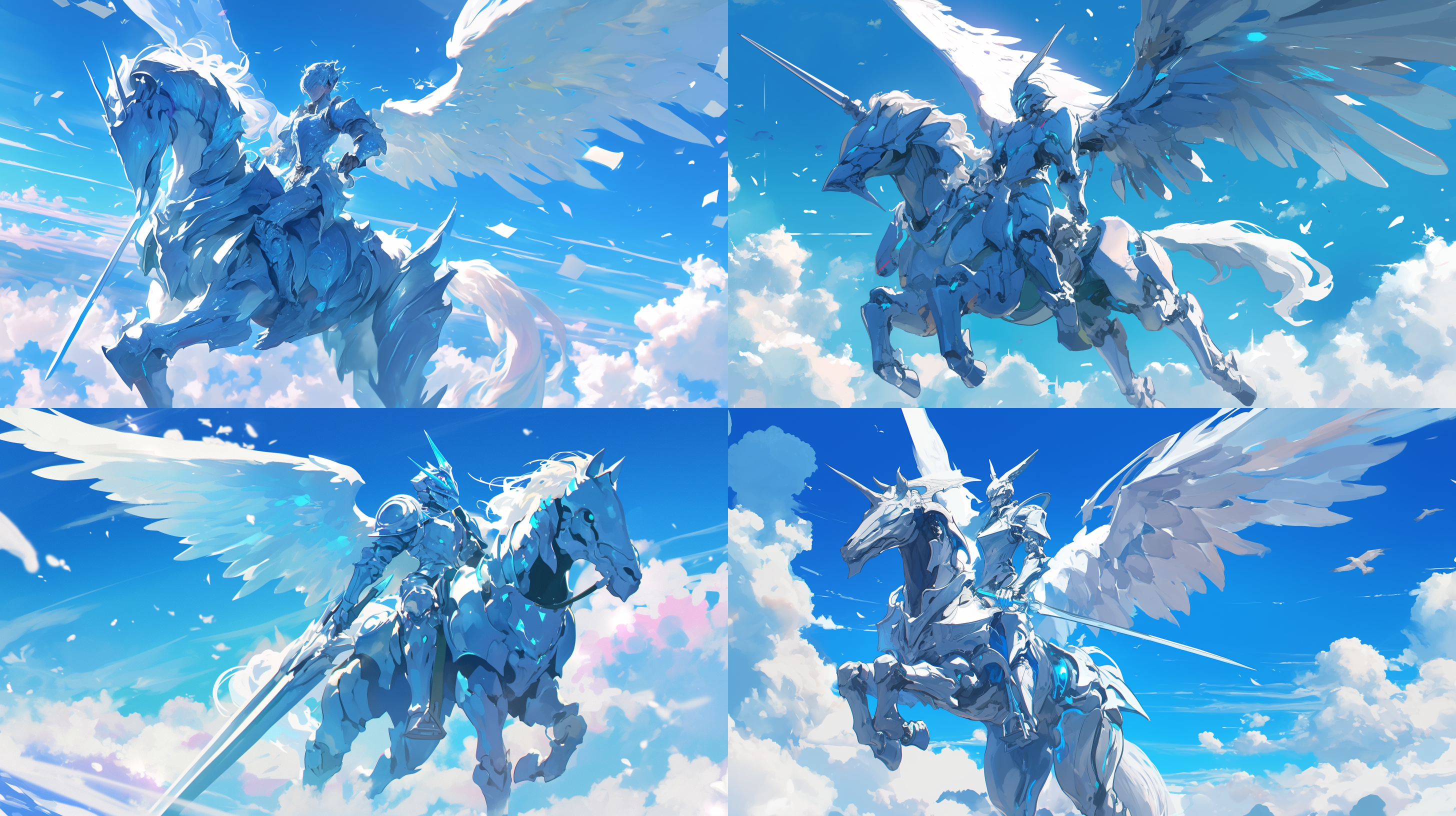 银色飞马女骑士，身材火辣，空中翱翔，背景蓝天白云，长焦镜头，低角度拍摄，动态模糊，金属光泽，紧身战甲，自信微笑，速度感，冷色调，动漫风格。