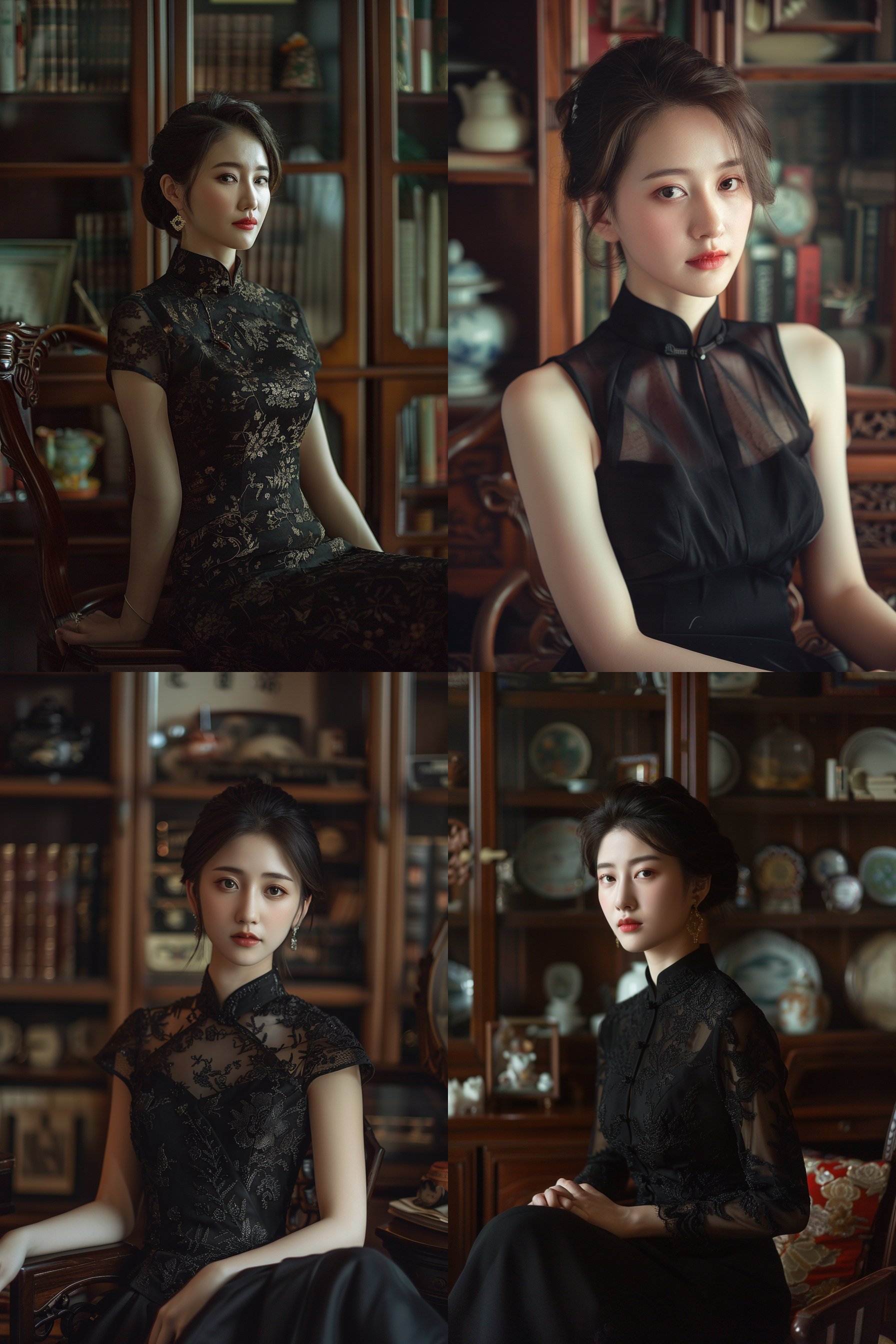 东亚美女穿亮黑色旗袍坐姿全身，五官精致，室内光线，背景书架收藏品展柜，照片质感，注重细节，32k画质，中焦镜头，细腻风格，柔和光线，深色调，优雅姿态。