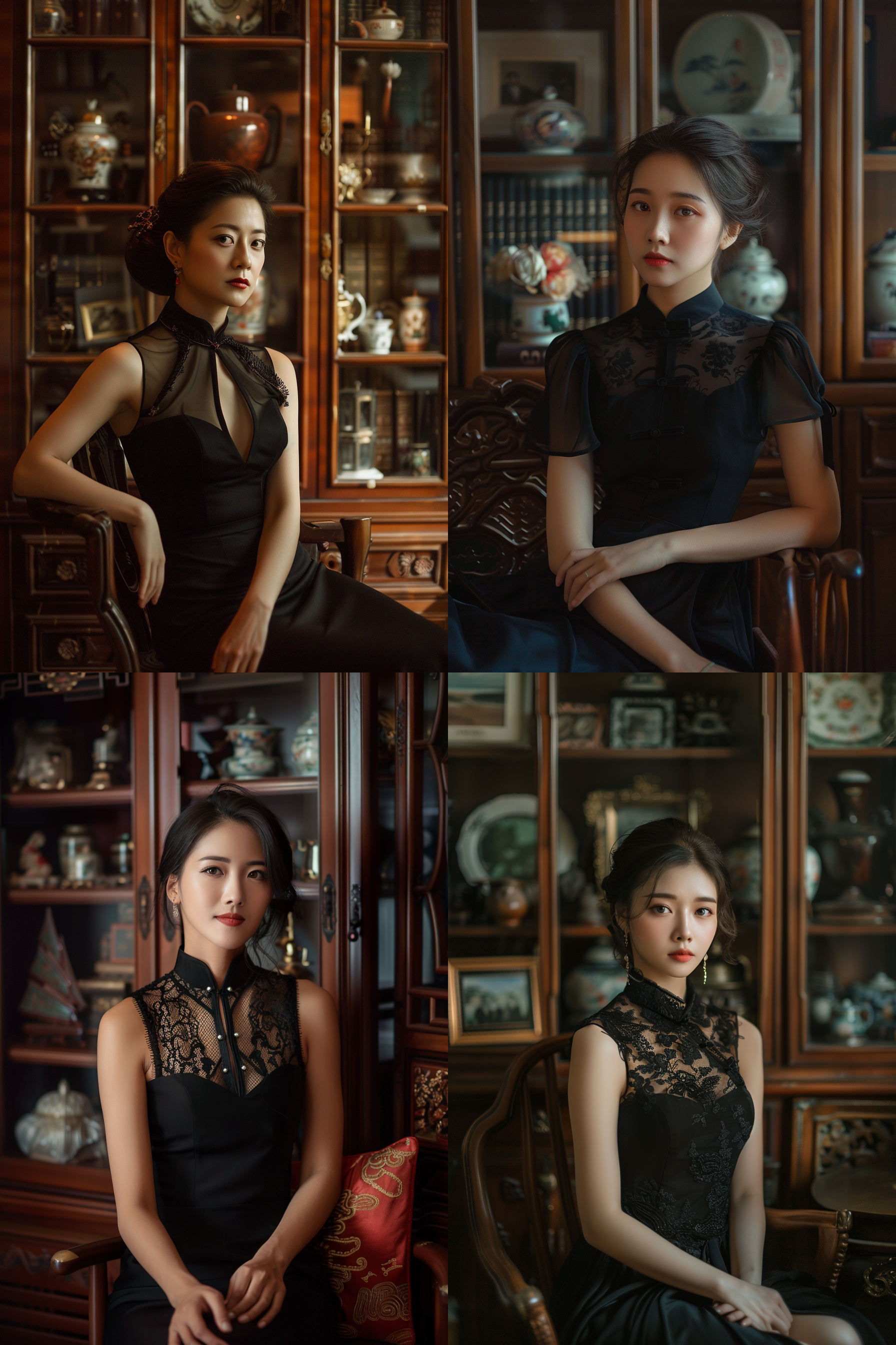 东亚美女穿亮黑色旗袍坐姿全身，五官精致，室内光线，背景书架收藏品展柜，照片质感，注重细节，32k画质，中焦镜头，细腻风格，柔和光线，深色调，优雅姿态，专注眼神。