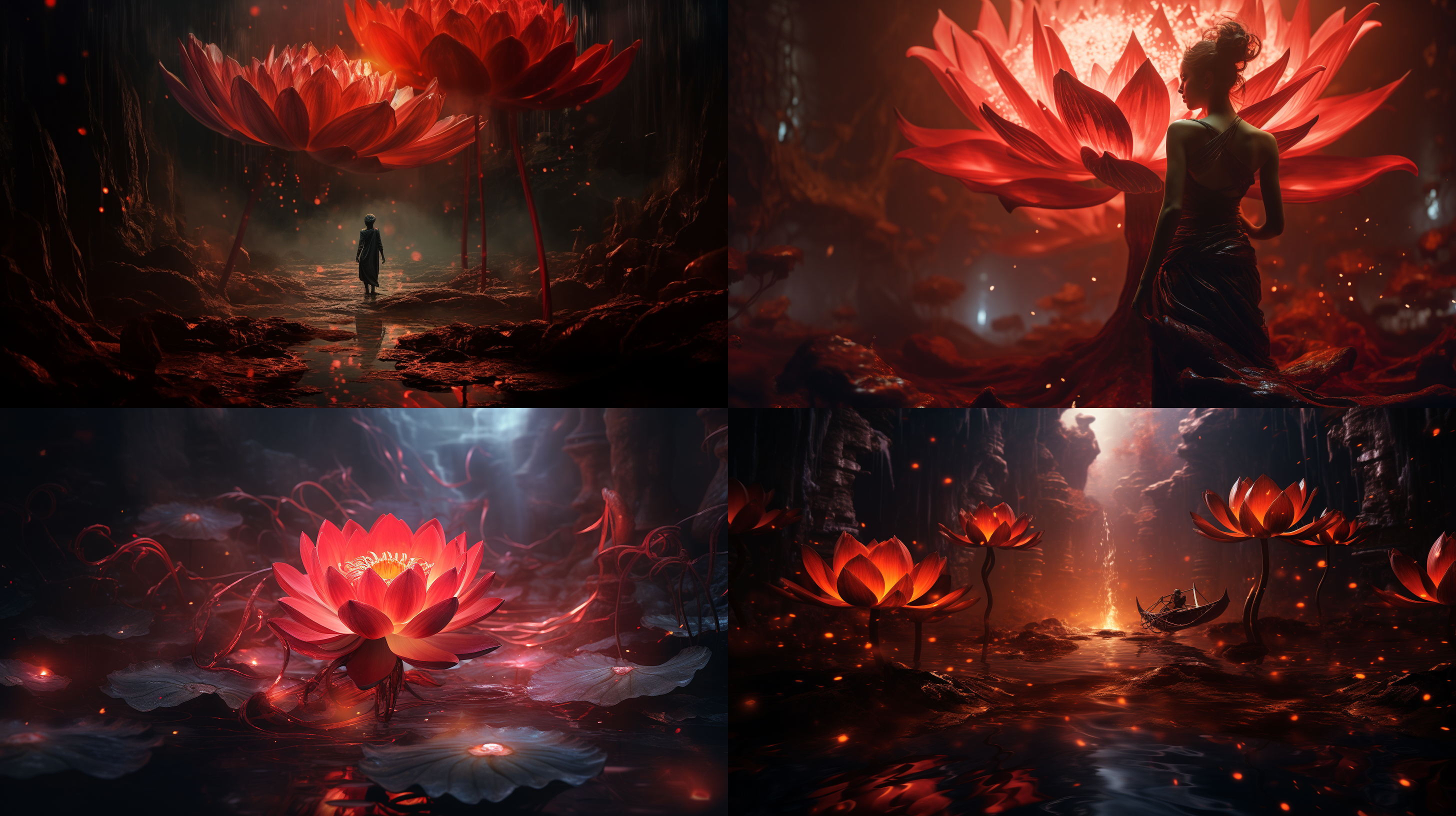 红莲业火焚烧逃跑者，暗黑玄幻风，幽冥红色莲花盛开，古典氛围，3d，16k，低角度，长焦镜头，逆光，动态模糊，恐惧表情，深红色调，绝望情绪。