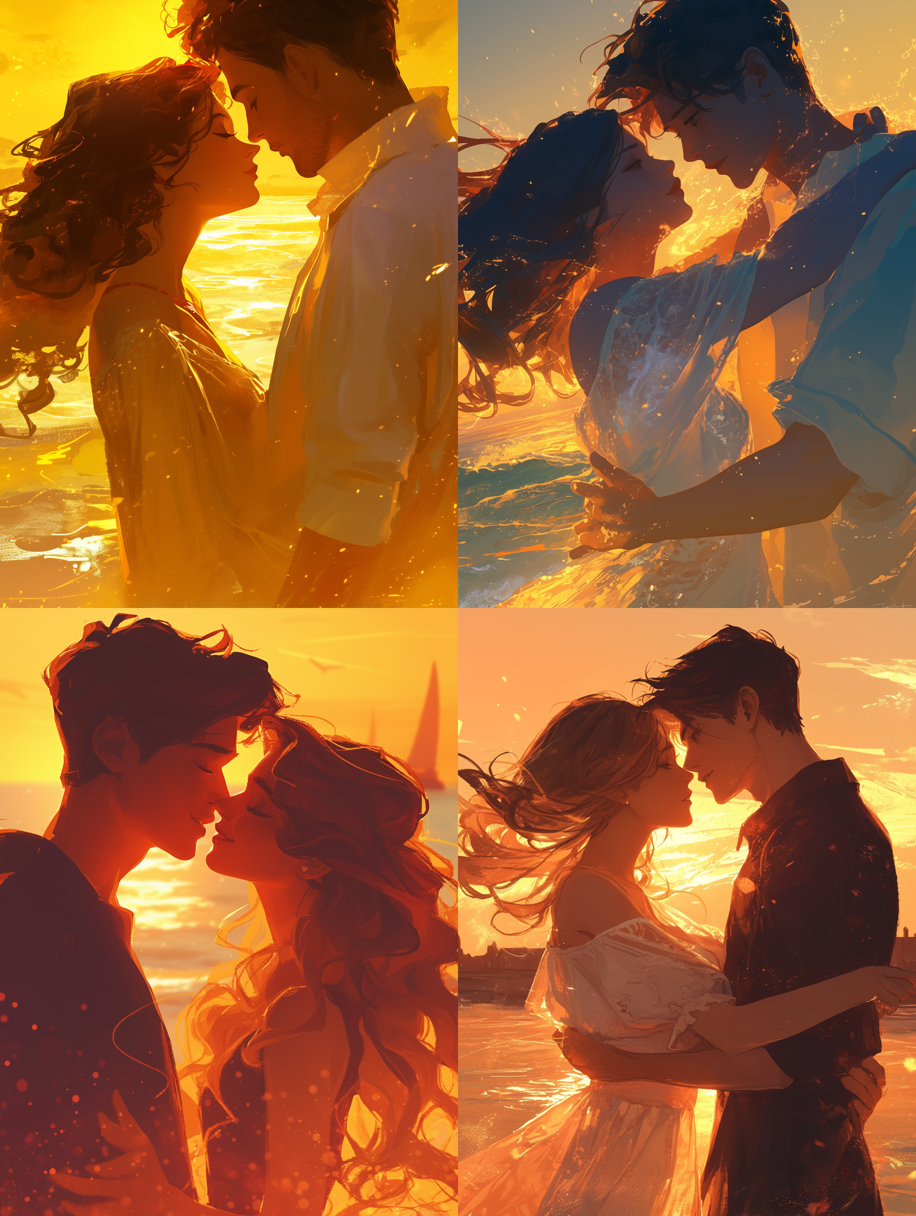 夕阳下的海边情侣，剪影效果，逆光拍摄，浪漫氛围，金色晚霞，长曝光，海浪柔化，深情对视，拥抱姿势，温暖色调，细腻质感。 迪士尼 城市 特写 彩虹色 光粒子 角色设计